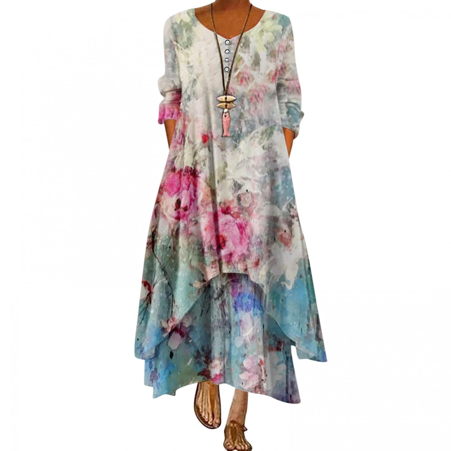 Plus Size Floral Maxi Dress for Women - Loose Bohemian Summer Beach Caftan with Pockets | Perfect for Vacations, Pool Parties & Casual Outings
