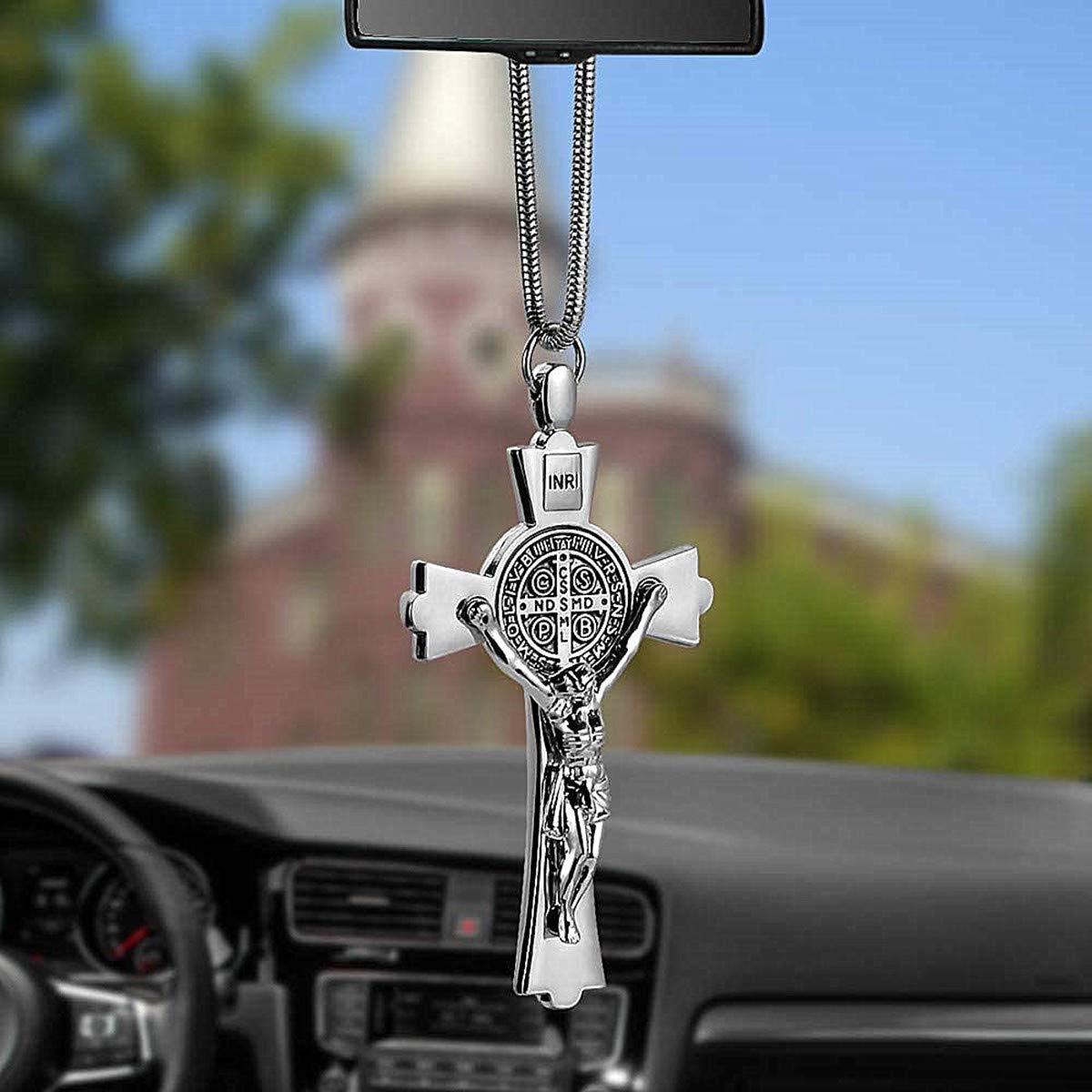 Metal & Crystal Diamond Cross Jesus Christian Car Rear View Mirror Pendant - Auto Styling Accessories for Car Decoration & Religious Inspiration While Driving