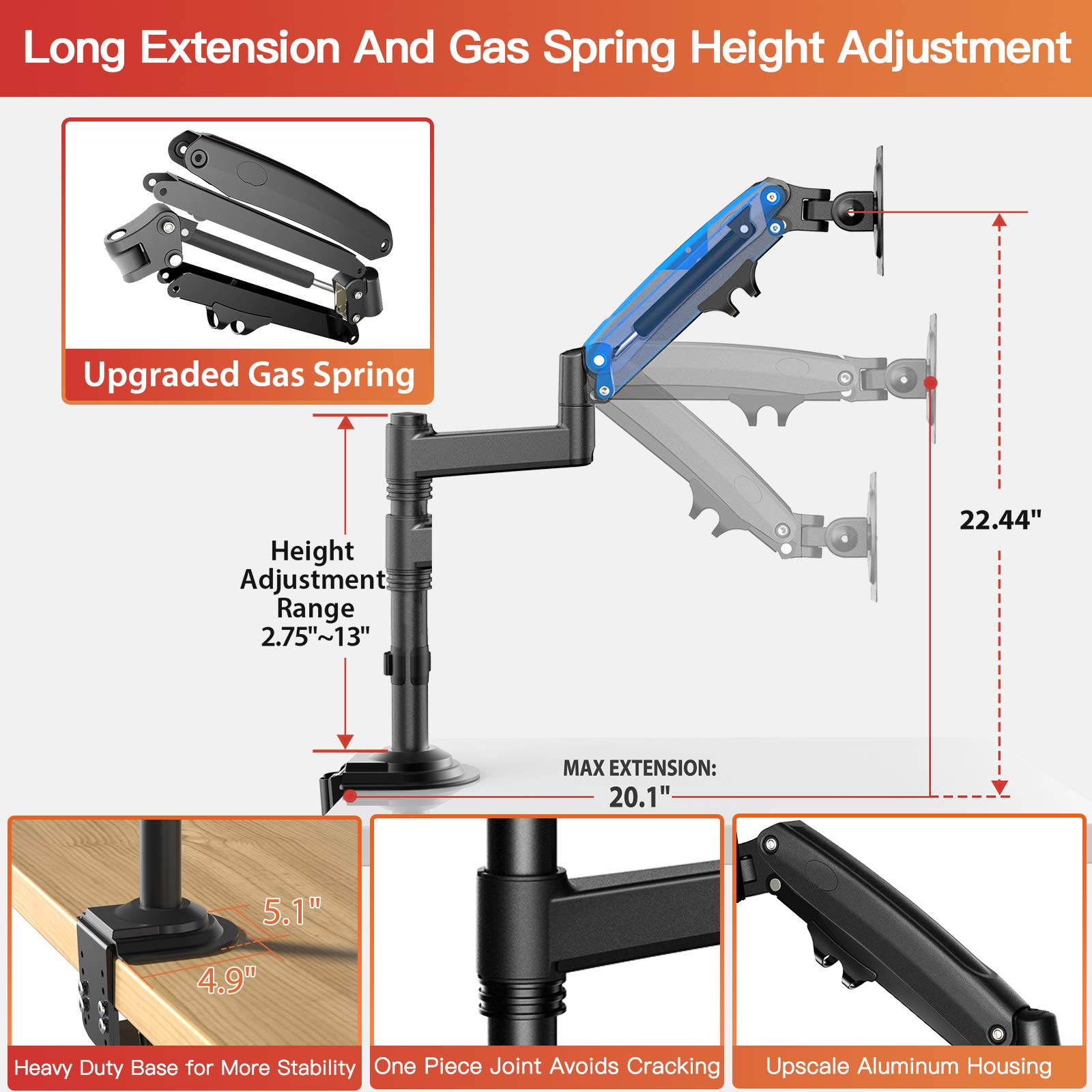 ErGear Dual Monitor Mount Arm 13-32 Inch - Adjustable Gas Spring Desk Stand with VESA 75/100mm, C Clamp & Grommet Mounting for Flat/Curved Screens (Holds 26.5lbs) - Perfect for Home Office, Gaming Setup & Workspace Ergonomics
