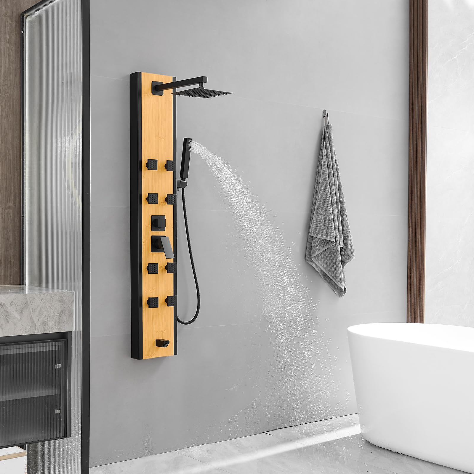 Premium BWE Stainless Steel 8-Jet Shower Panel System - Multi-Function Wall Mount Shower Column with Handheld Wand, Black & Bamboo Design for Luxurious Spa-Like Bathroom Experience