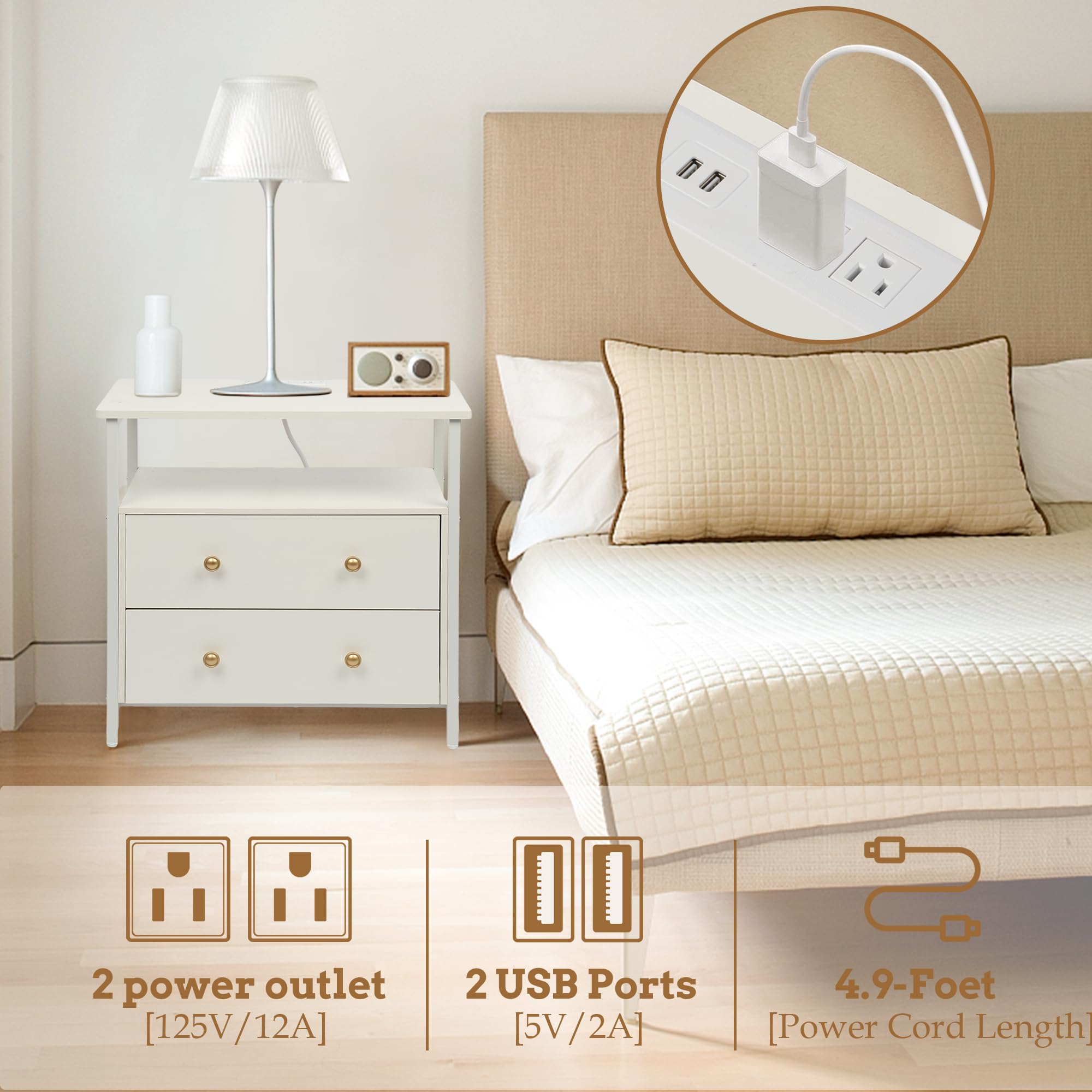 27 Inch Wide Nightstand with USB Charging Station - Modern Bedside Table with Open Shelf & 2 Drawers - Small Wood Dresser for Bedroom - White End Side Table for Home Decor & Phone Charging