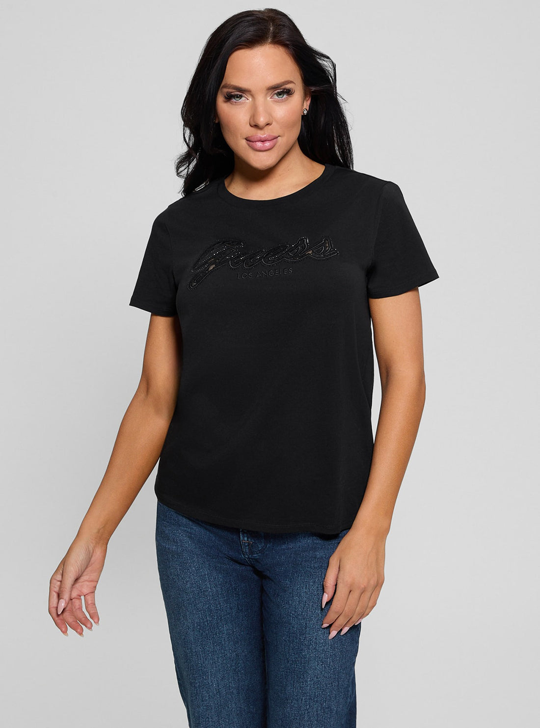 Eco-Friendly Black Script Lace Logo T-Shirt for Women - Casual Cotton Tee for Everyday Wear, Street Style & Layering