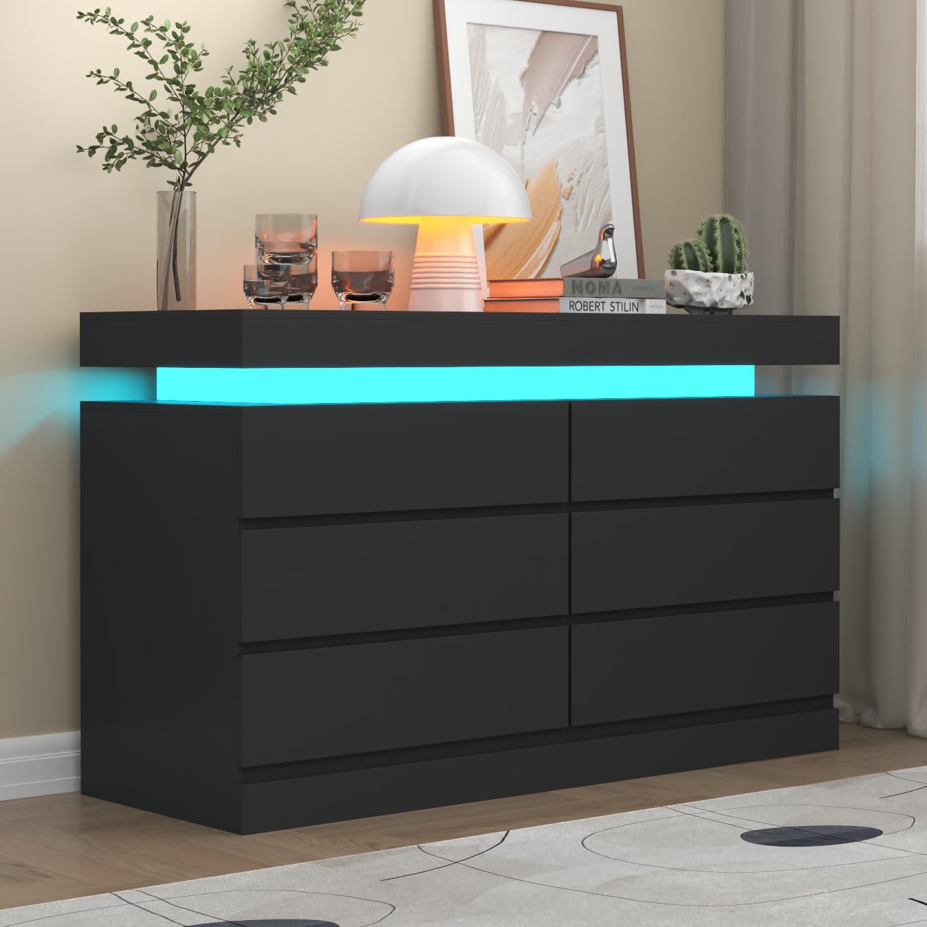 6-Drawer Dresser with Power Outlet & LED Lights - Modern Black Chest of Drawers with Double Wide Storage - Bedroom Closet Organizer Cabinet for Living Room, Entryway, Hallway - Perfect for Small Spaces & Apartment Decor