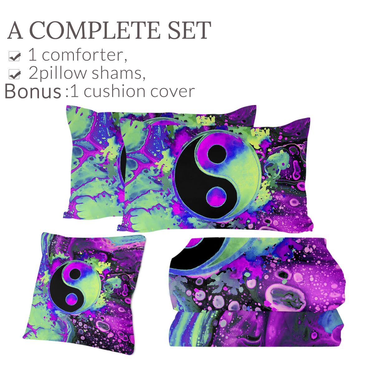 Sleepwish Yin Yang Queen Size Comforter Set - Purple & Turquoise Psychedelic Bedding 4pc with Pillow Cases & Cushion Cover | Boho Chic Bedroom Decor for Teens & Adults