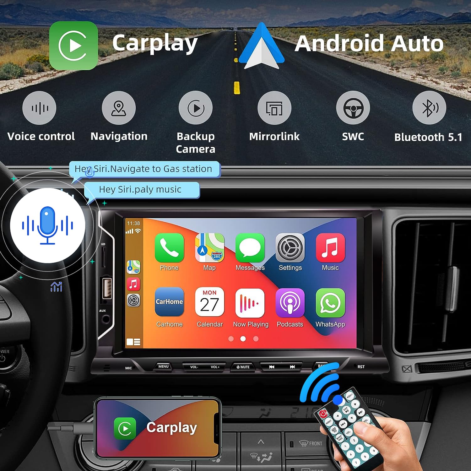 7 Inch Double Din Car Stereo with Apple CarPlay & Android Auto - Bluetooth 5.0, FM Radio, USB/TF/AUX Ports, Backup Camera & Remote Control - Capacitive Touchscreen for Seamless Connectivity - Perfect for Road Trips, Commuting & Hands-Free Driving