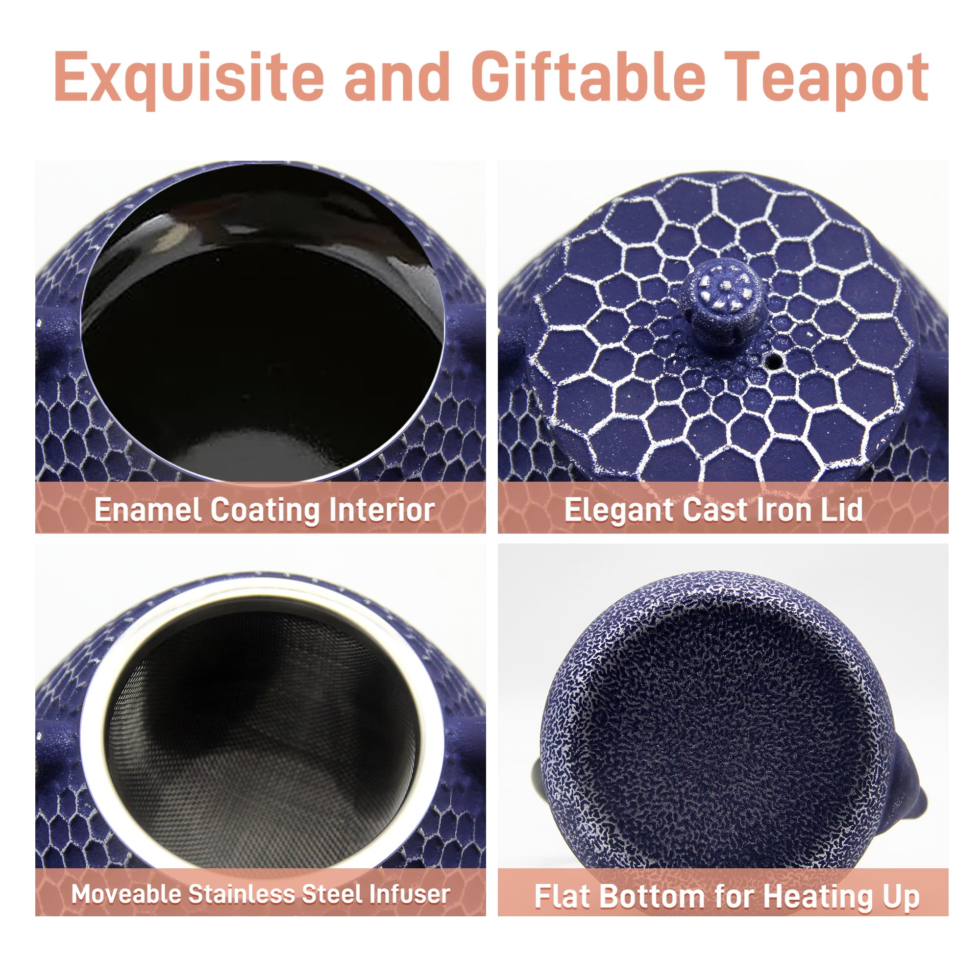 20.3oz Enameled Cast Iron Teapot with Stainless Steel Infuser - Stovetop Safe Japanese Tetsubin Tea Kettle for Loose Leaf Tea, Blue Honeycomb Pattern - Perfect for Home, Office & Tea Ceremonies