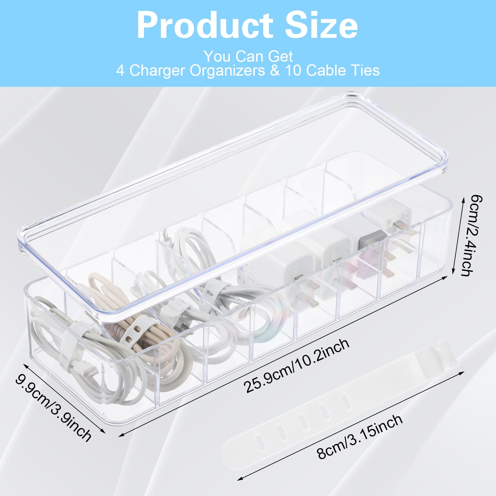 4-Pack Large Clear Plastic Cable Organizer Box with Lid & 20 Wire Ties - Cord Storage Solution for Electronics, Chargers, Home Office & Desk Organization - Perfect for TV Wires, Computer Cables & Charging Stations