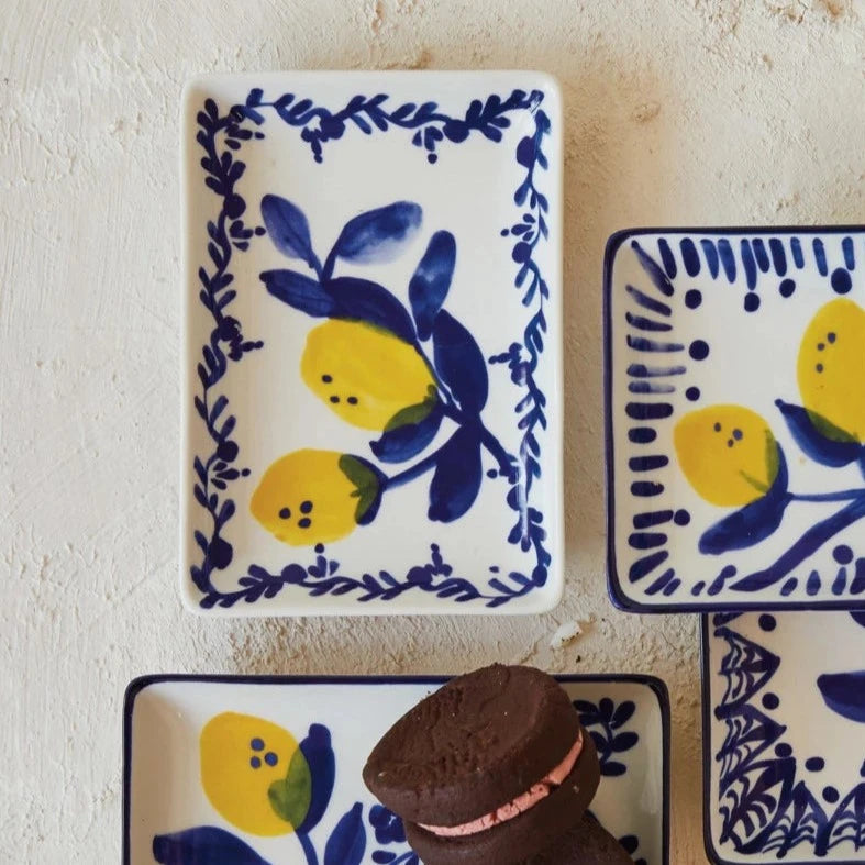Hand Painted Lemons Stoneware Dish Set - 4-Piece Ceramic Serving Plates for Kitchen, Dining & Entertaining | Durable & Stylish Lemon-Themed Tableware for Parties, Picnics & Home Decor