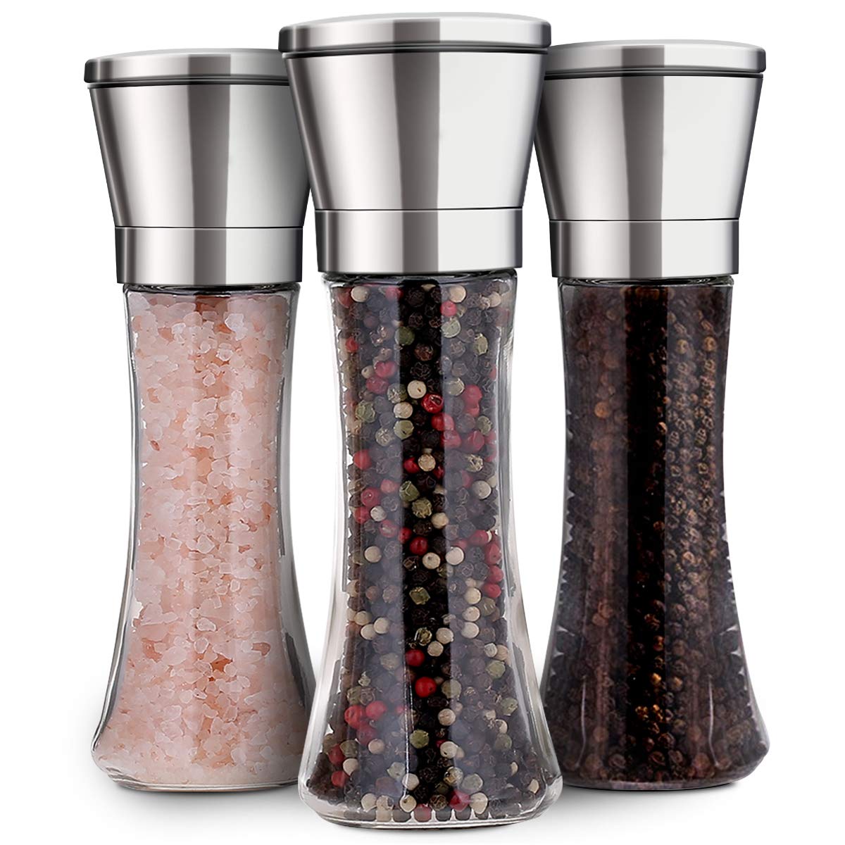Premium 3-Piece Salt and Pepper Grinder Set - Adjustable Ceramic Spice Mill with Coarse to Fine Settings - Tall Glass Salt & Pepper Shakers for Kitchen, Dining Table, and Outdoor BBQ