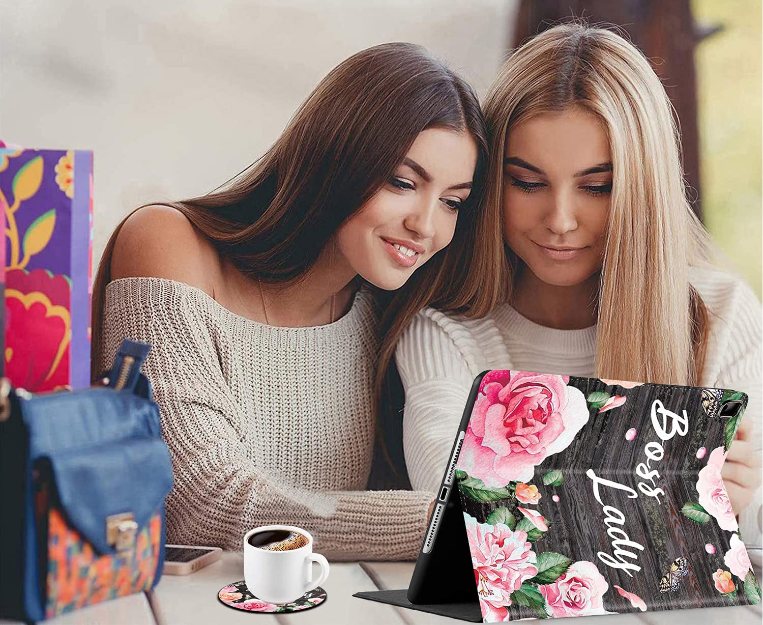 Premium Shockproof Case for iPad 10.2 (8th/7th Gen 2020/2019) & iPad Air/Pro 10.5 Inch - Durable Protective Cover with Floral Boss Lady Design & Coasters Set | Perfect for Work, Travel, and Home Use