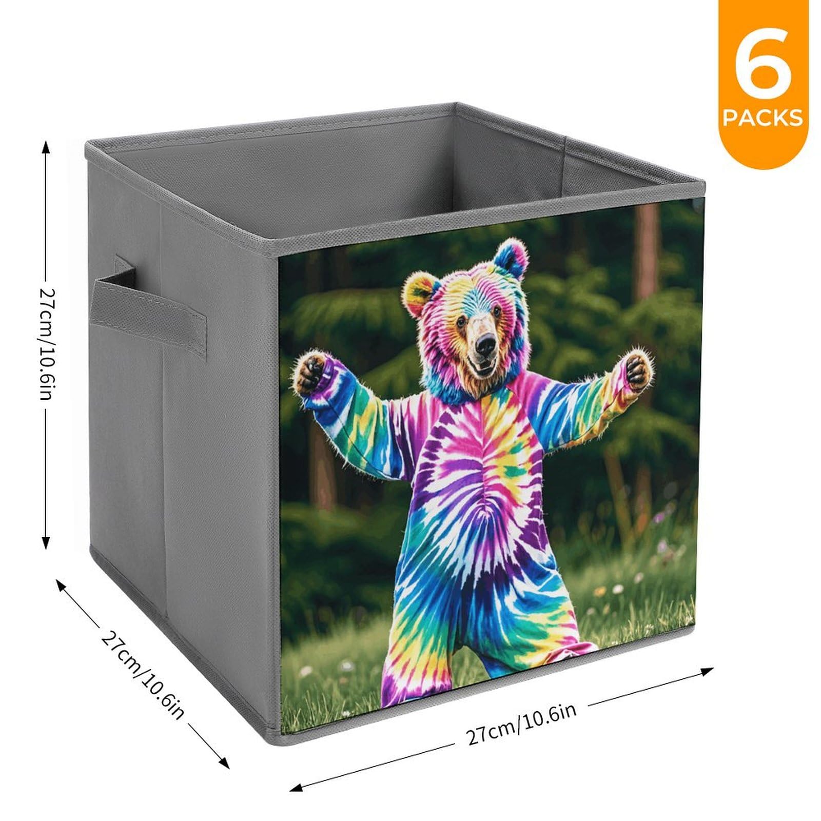 6PCS Collapsible Storage Bins with Handles - Bear Dancing Tie Dye Printed Foldable Organizing Baskets for Shelves, Closet, Kitchen & Bathroom | Space Saving Home Organization Solution for Toys, Clothes & Household Items