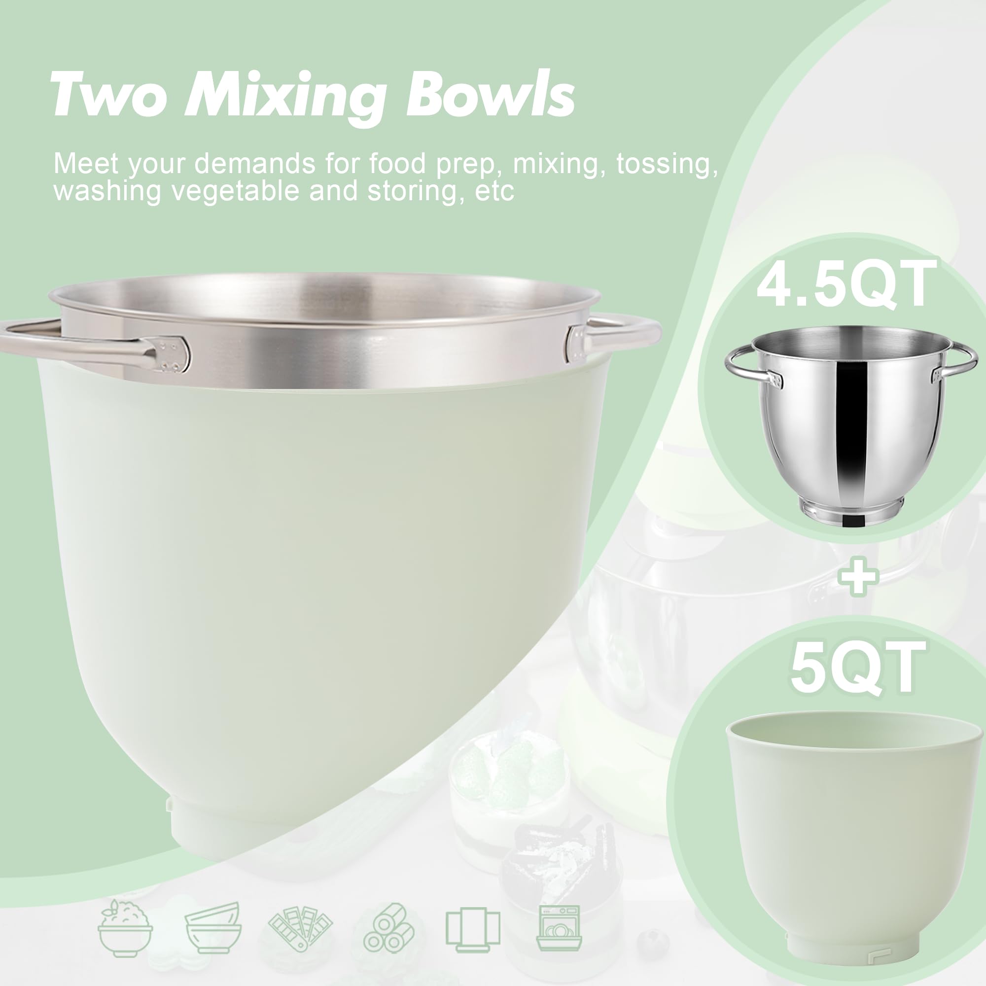 4.5QT+5QT Stand Mixer with 10 Speeds - Perfect for Baking & Cooking (Pastel Green)