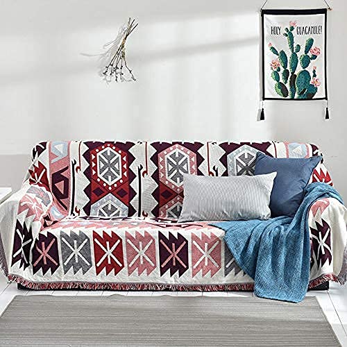 FMOGG Bohemian Cotton Woven Jacquard Throw Blanket - 180x340cm Couch Cover with Tassels | Multi-Functional Sofa Towel for Chairs, Tapestries, Bed Sheets & Carpet Decor | Perfect for Living Room, Bedroom & Outdoor Use