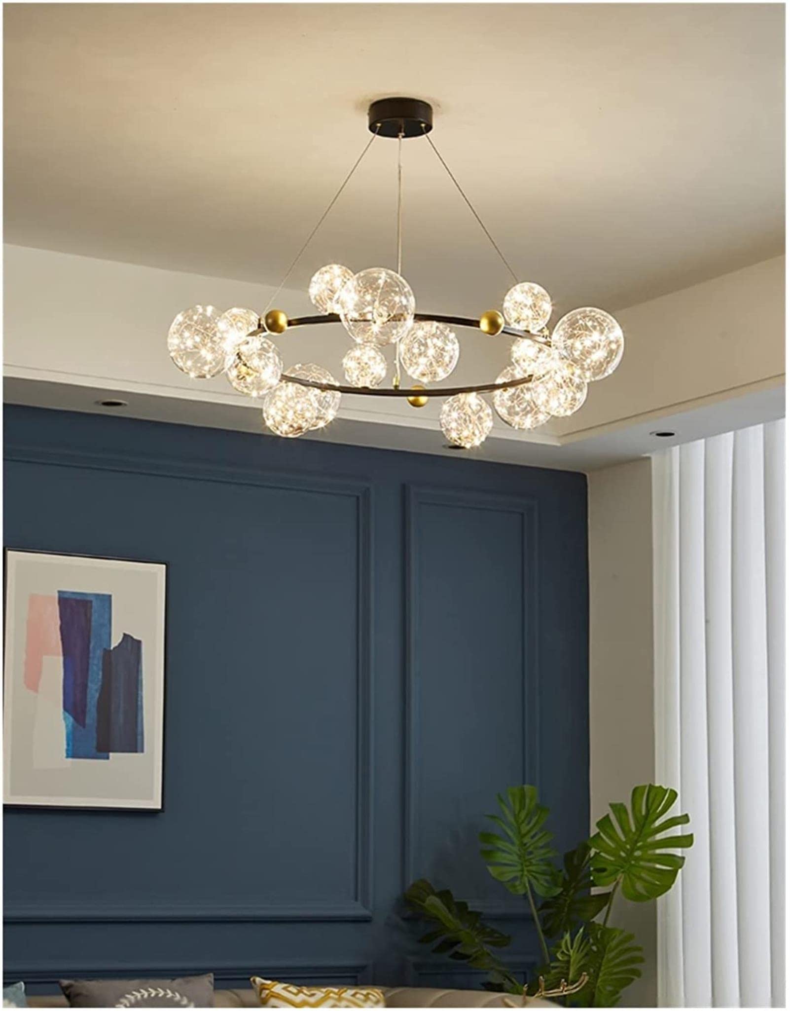 Modern Gold/Black LED Chandelier with Clear Glass Bubbles - Star Light Fixture for Living Room, Dining Room, Bedroom - Warm White Lighting - Elegant Home Decor for Parties & Romantic Dinners (B-15 Bubbles)