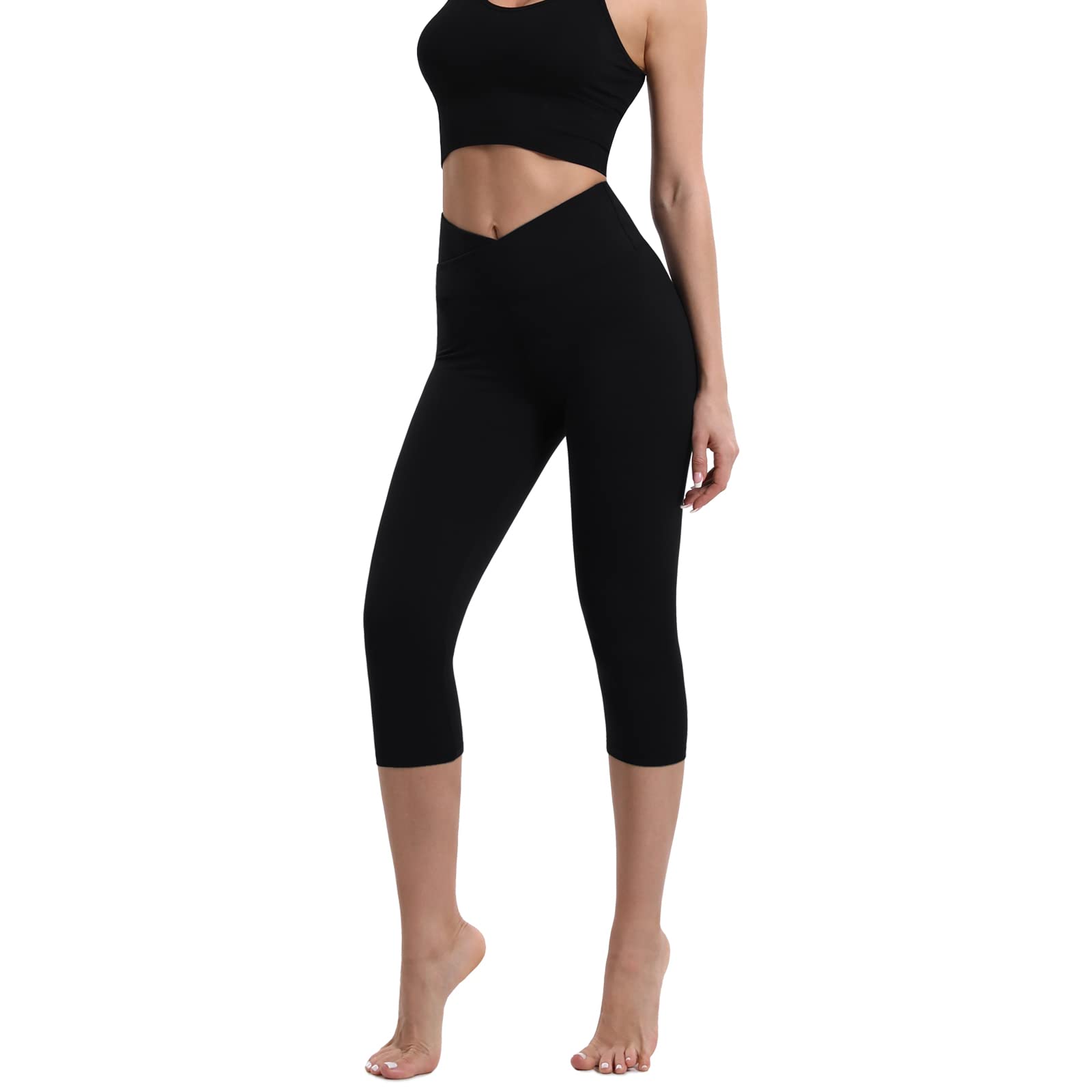 BOPOVA Women's High Waisted Capri Leggings - Navy V Crossover Waist Tummy Control Workout Yoga Pants for Women | Perfect for Yoga, Gym, Running & Everyday Wear