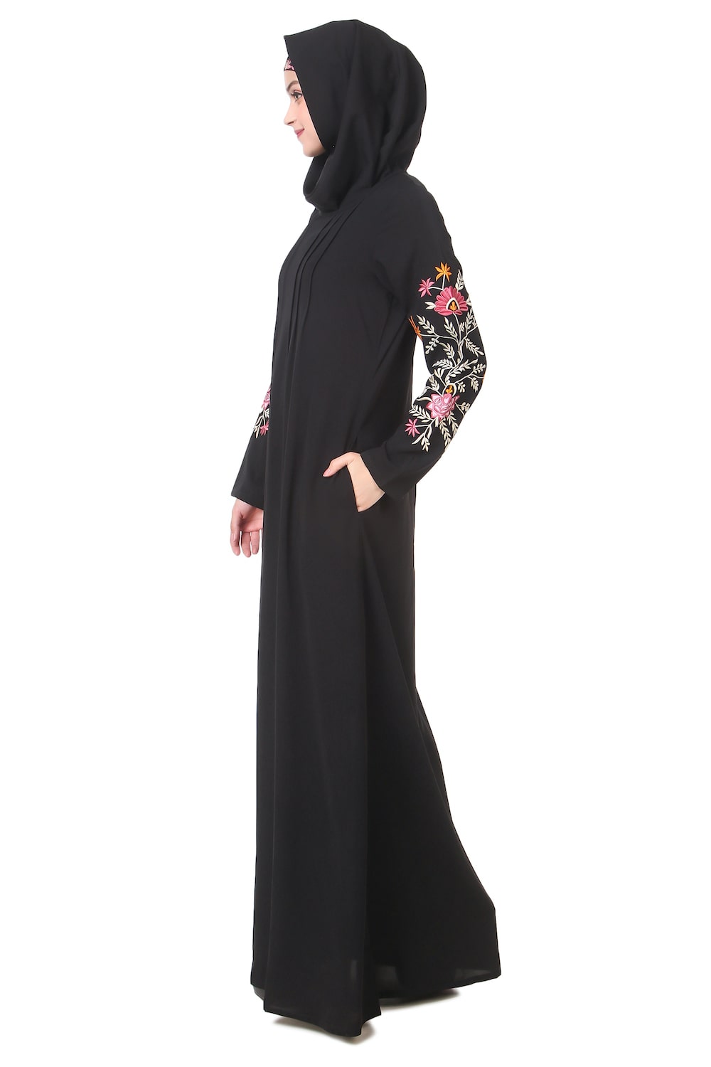 Embellished Sleeve Pleated Front Abaya Dress - Elegant Muslim Women's Islamic Prayer Dress for Mosque & Special Occasions