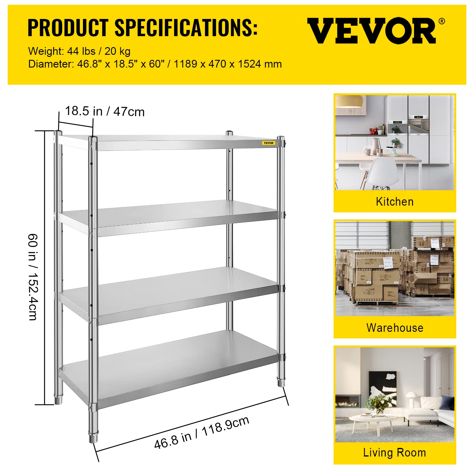 VBENLEM 46.8x18.5 Inch 4-Tier Adjustable Stainless Steel Shelving Unit - Heavy Duty 330lb Capacity Per Shelf for Kitchen, Commercial, Office & Garage Storage | Perfect for Organizing Pantry Supplies, Restaurant Equipment, Workshop Tools & Home Storage Solutions