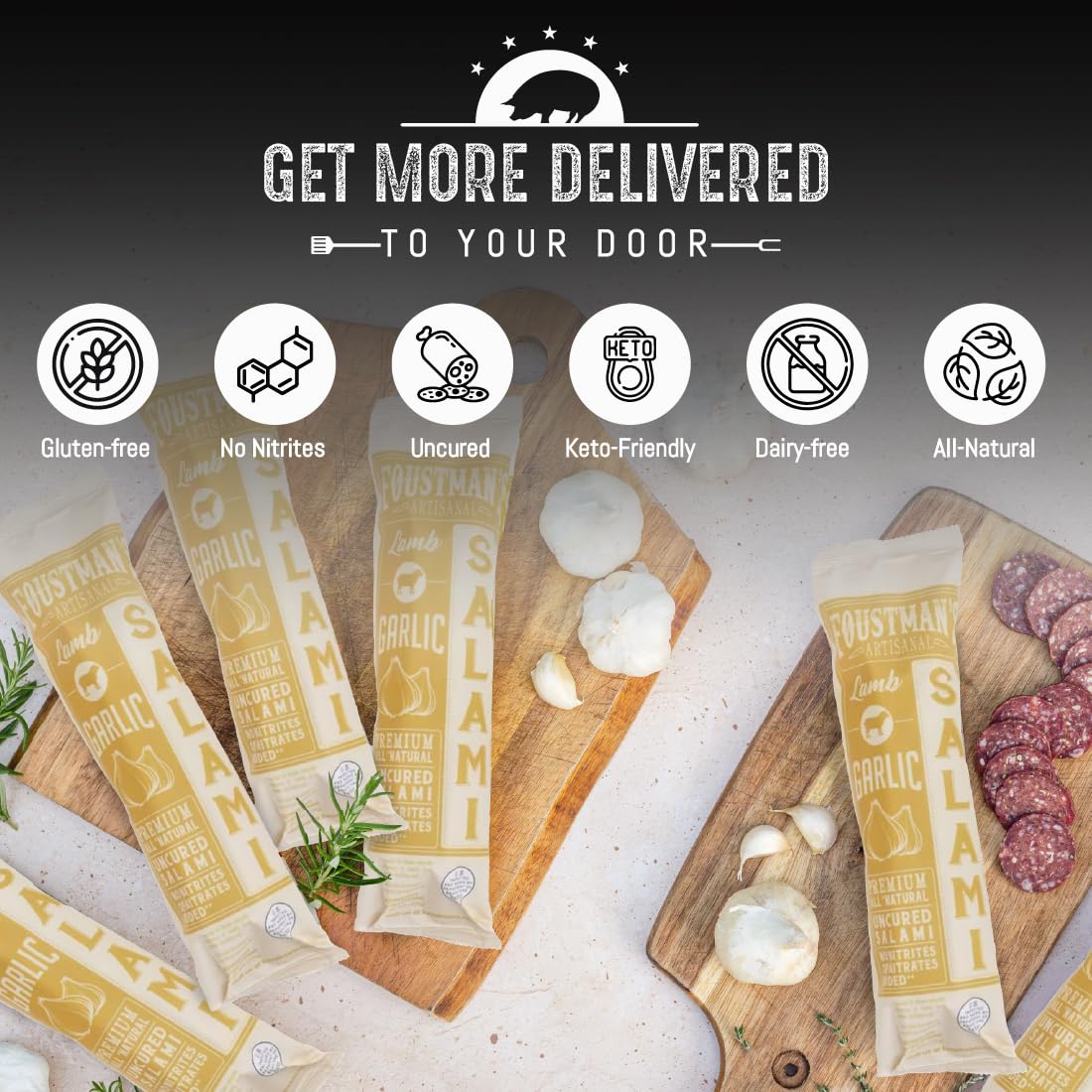 Foustman's Artisanal Garlic Lamb Salami - Nitrate-Free, Naturally Cured, Gluten-Free & Dairy-Free (8 Oz) | Pork-Free Snack for Charcuterie Boards, Picnics & Keto Diet