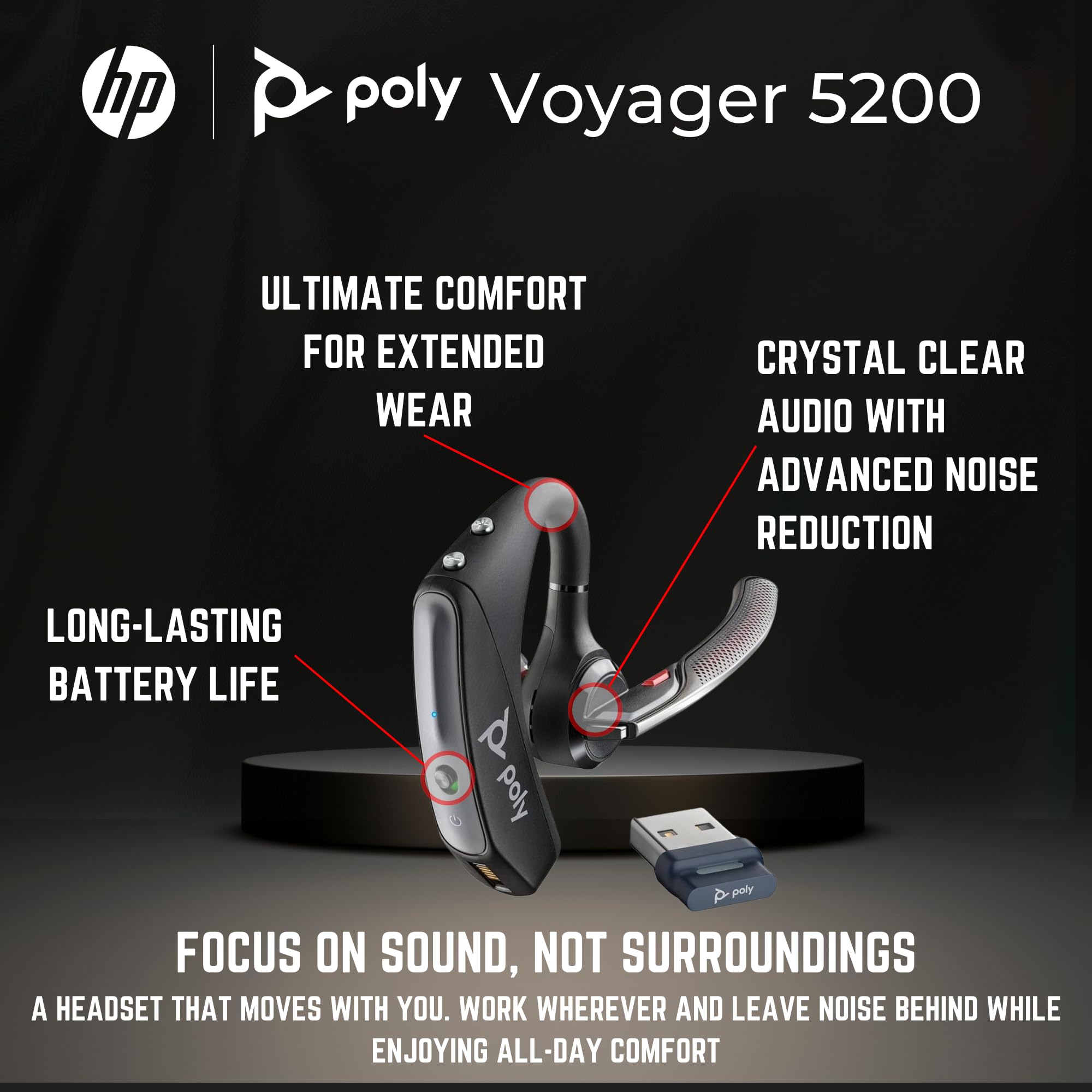 Plantronics Voyager 5200 Mono Bluetooth Headset - Wireless Over-Ear Headset with Noise Cancelling Mic for Business Calls, Office, Remote Work - Compatible with Avaya J179, Smartphones, PC, Mac, Tablet, Softphones, Zoom Meetings