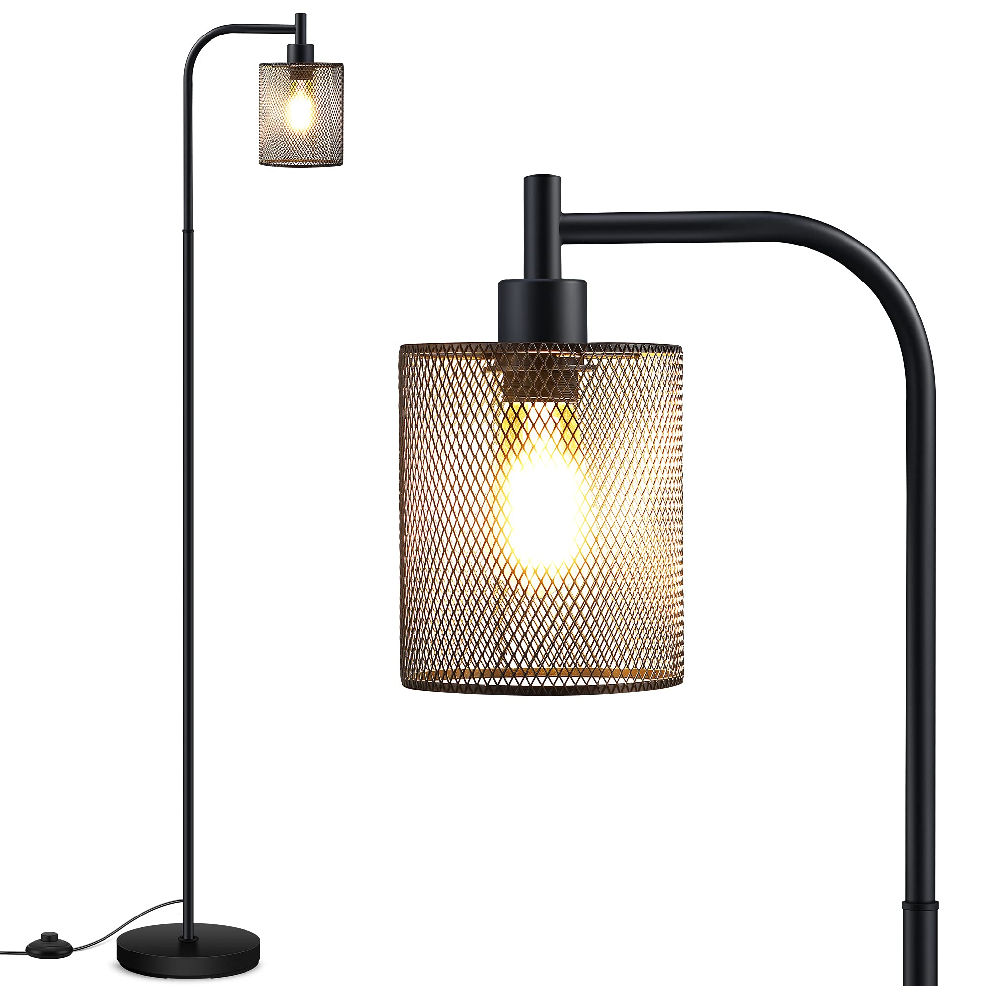 BoostArea Industrial Floor Lamp - 6W LED Standing Lamp with Hanging Iron Mesh Shade, Metal Farmhouse Floor Light with Foot Switch, Rustic Lighting for Living Room Bedroom Office (Black) | Perfect for Reading Nook, Home Office, and Cozy Corners