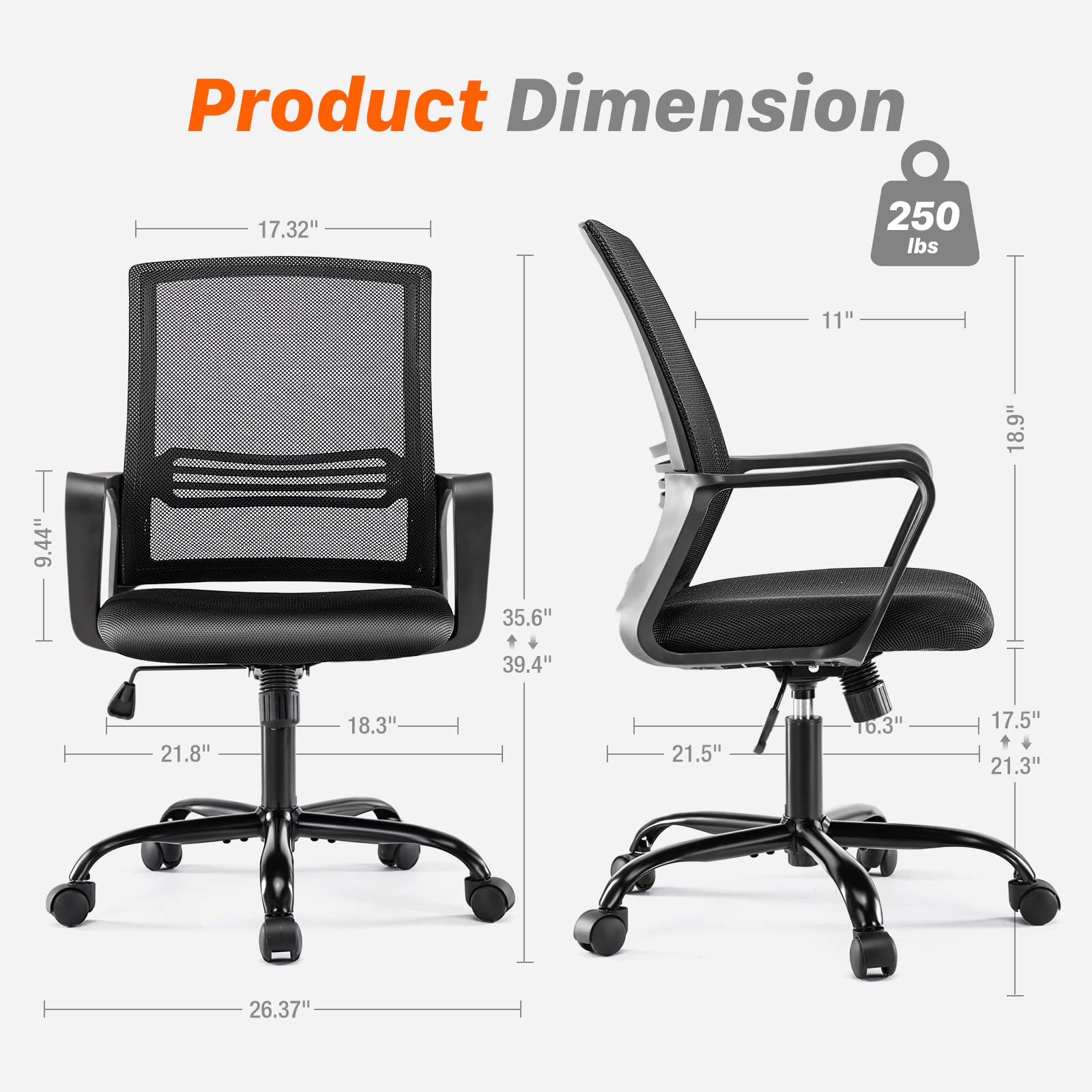 Ergonomic AFO Task Mid-Back Office Chair with Lumbar Support - Dark Black - Perfect for Home Office, Gaming & Workspaces