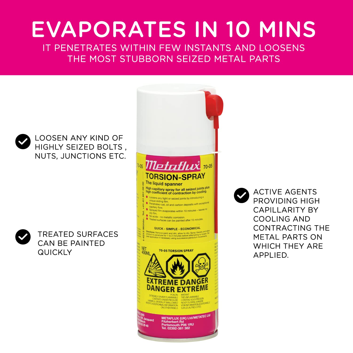 Metaflux 70-05 Torsion Spray Rust Remover – Industrial Grade Penetrating Oil for Rusted Bolts, Nuts, and Screws – Multipurpose Lubricant Spray (400 ml) for Automotive, Machinery, and Home Maintenance