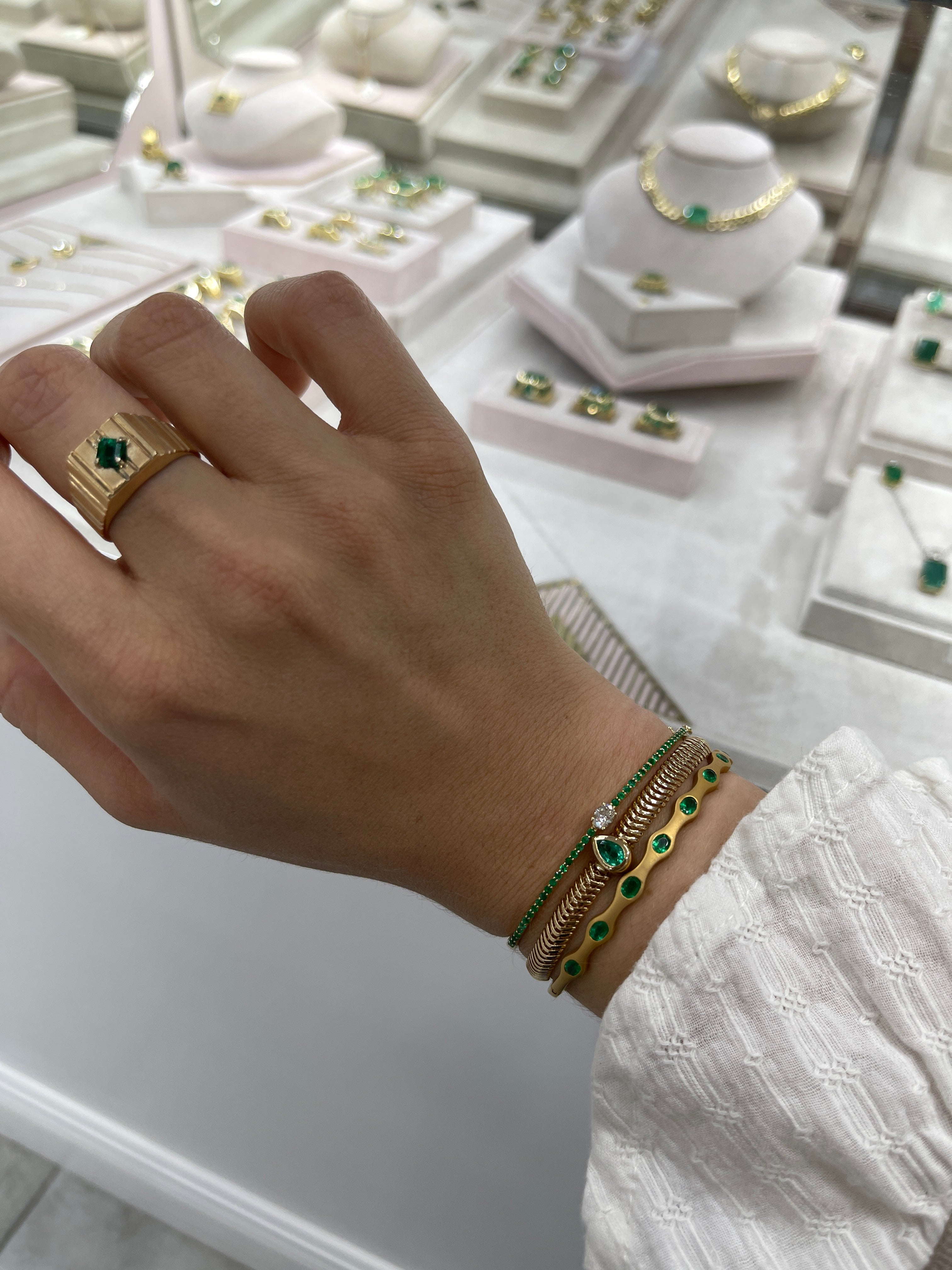 14K Gold Teardrop Emerald & Diamond Snake Chain Bracelet - Elegant Fine Jewelry for Women, 6.5 Inch Adjustable, Perfect for Weddings, Parties & Special Occasions