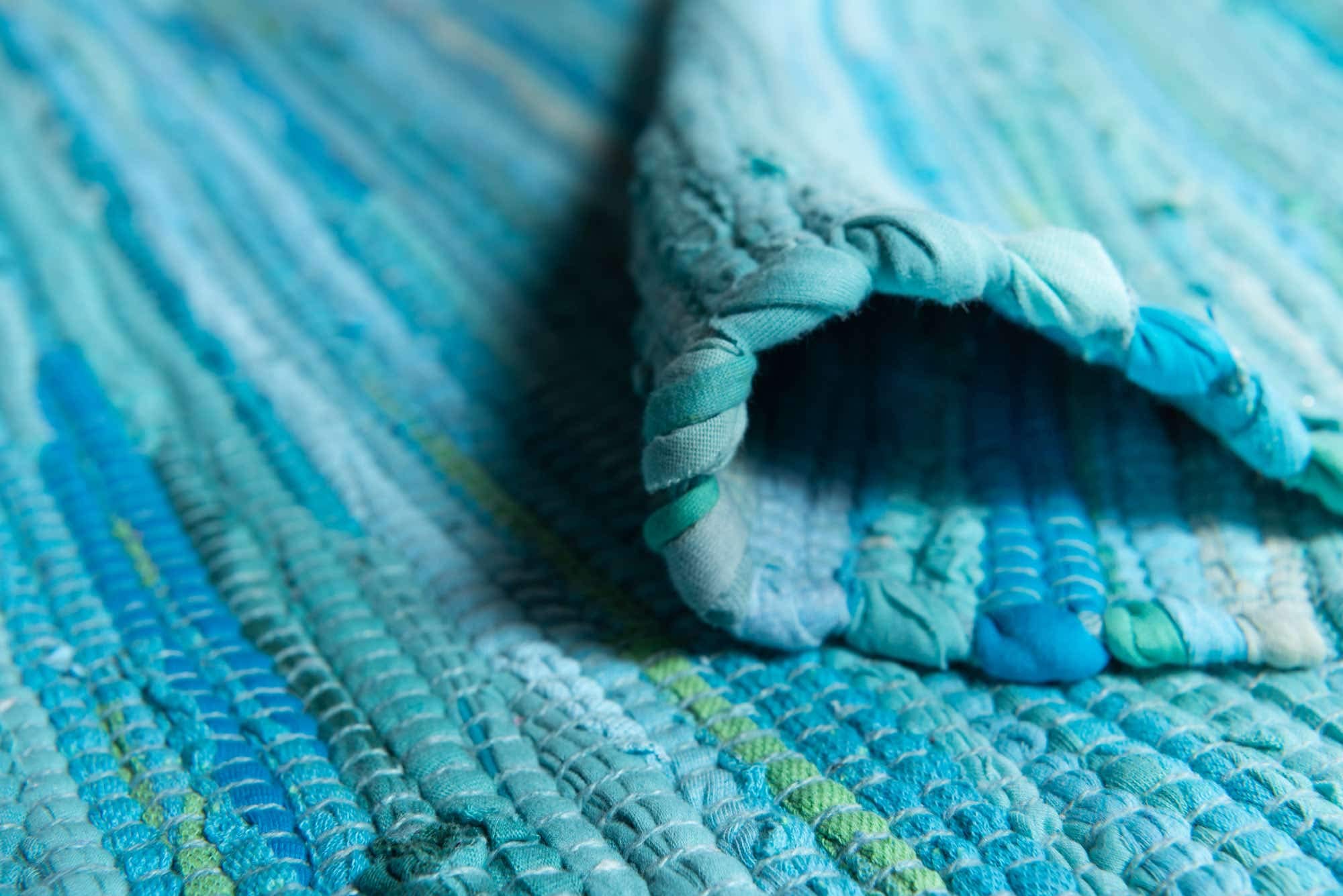 Unique Loom Handwoven Chindi Cotton Striped Area Rug - 8x10 ft Natural Fiber Floor Mat in Turquoise & Ivory | Boho Chic Living Room Decor, Bedroom Accent Rug