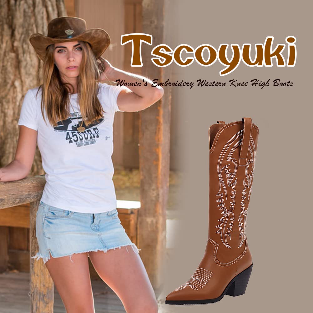 Tscoyuki Women's Western Cowboy Boots - Embroidered Knee High Boots with Pointed Toe & Chunky Block Heel | Pull-On Design for Easy Wear | Perfect for Country Rodeo, Line Dancing & Fall Fashion Outfits