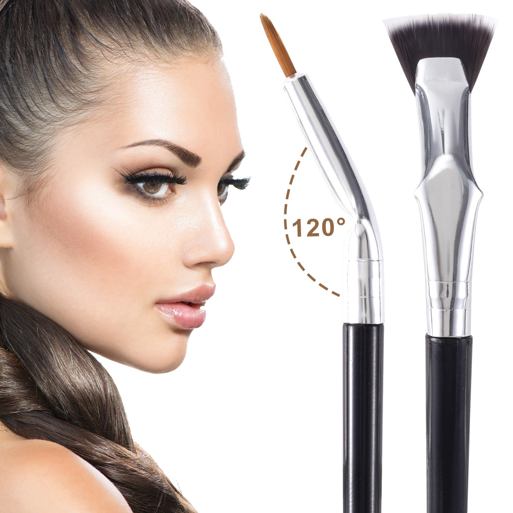 PAGOW Folding Angle Scalloped Lash Brush & Fine Eyeliner Brush Set (2 Pcs) - 2024 New Mascara Fan Brush for Voluminous Lashes, Multifunctional Eyelash Comb Separator Tool - Perfect for Professional Makeup & Home Use