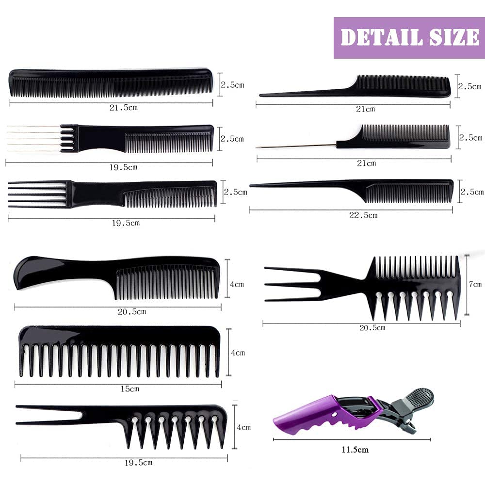 ELITEWAVE 16Pcs Hair Combs Set for Women & Men - 10Pcs Styling Combs & 6Pcs Hair Clips Including Rat Tail Comb, Teasing Comb, Barber Comb - Perfect for Salon, Home Hair Care & Travel Styling (Black)