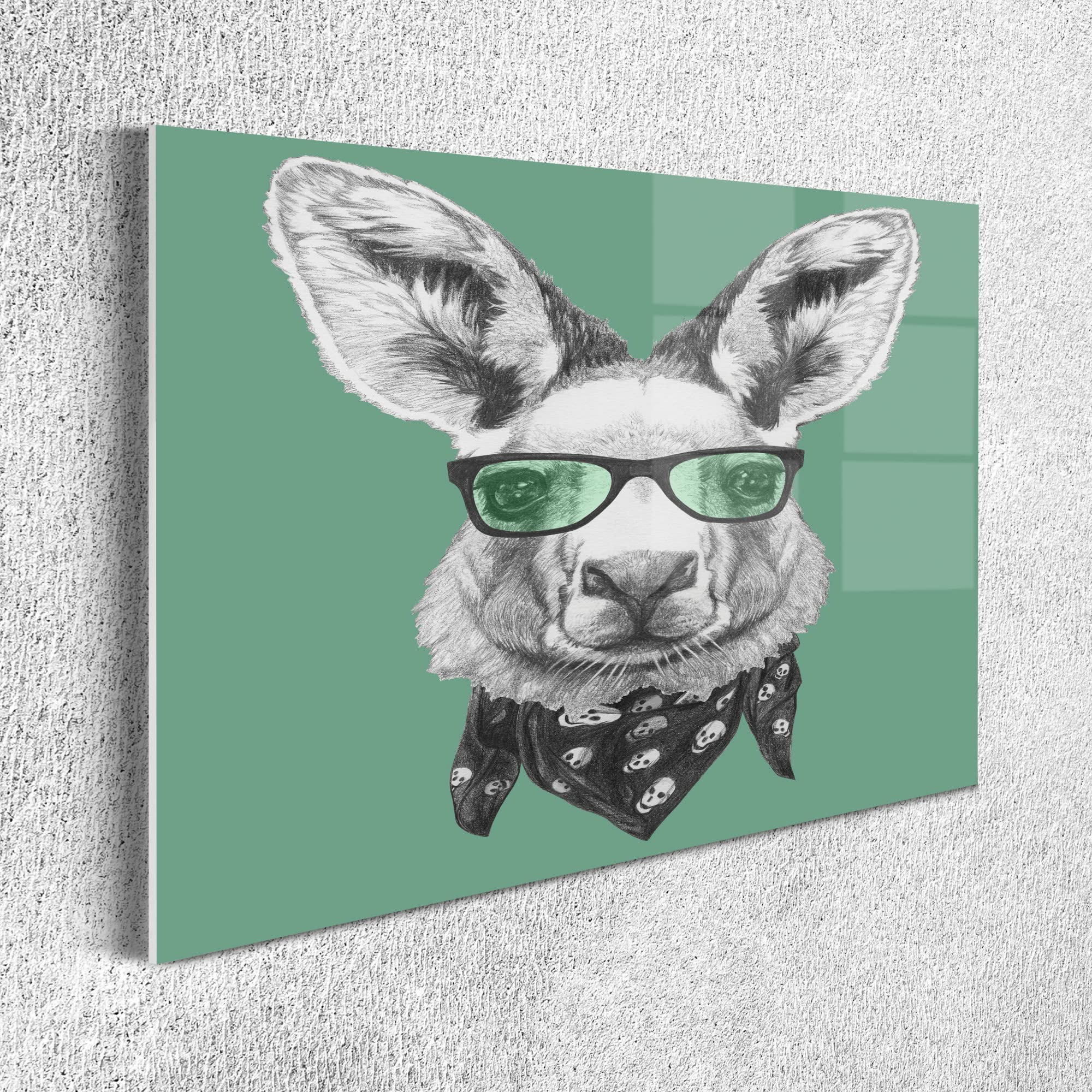 Ambesonne Kangaroo Wall Art - 26.3x19.6 Inch Acrylic Glass Painting, Hipster Animal Portrait with Sunglasses Sketch, Modern Home Decor for Living Room, Bedroom & Dorm - Laurel Green Grey | Perfect for Bohemian & Urban Style Interiors