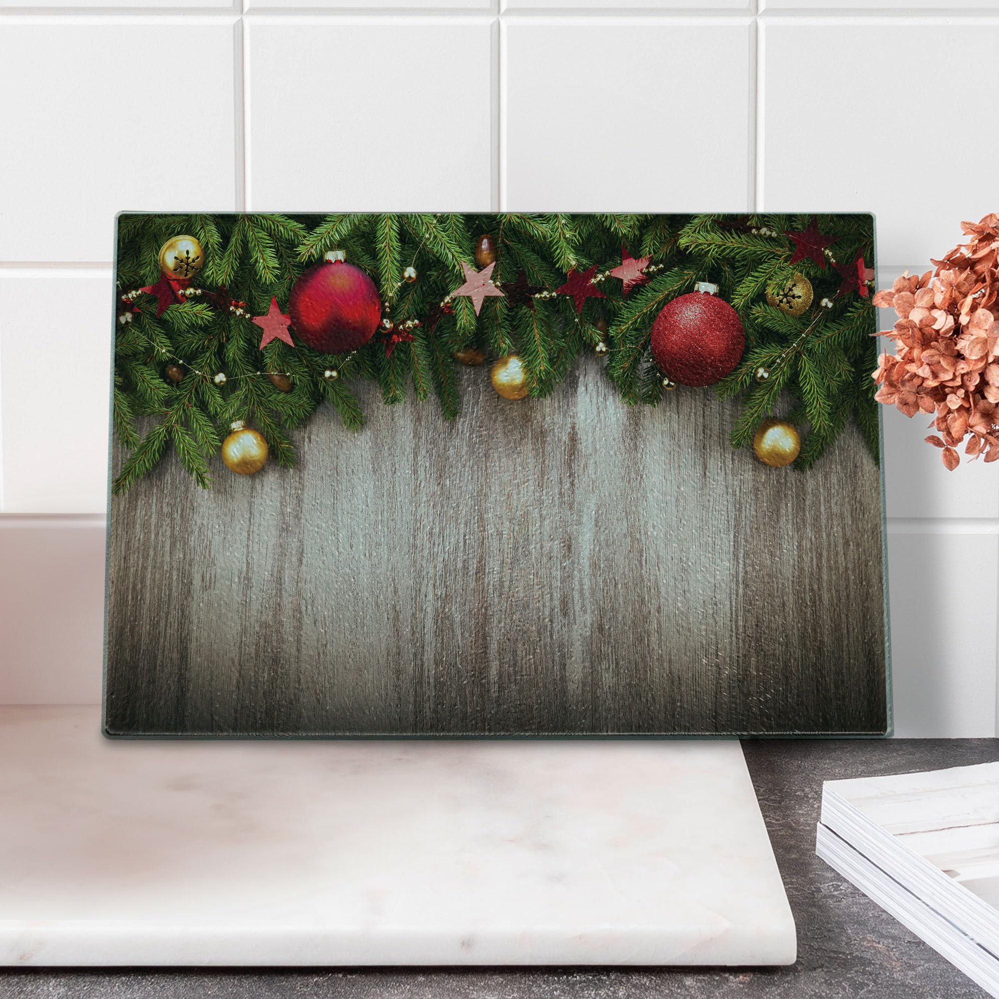 Ambesonne Christmas Themed Tempered Glass Cutting Board - Rustic Wooden Backdrop with Xmas Ornaments & Stars Print - Decorative Serving Board for Holiday Parties, Small Size (Brown/Green/Red) - Perfect for Christmas Dinner Prep, Cookie Display & Festive Kitchen Decor