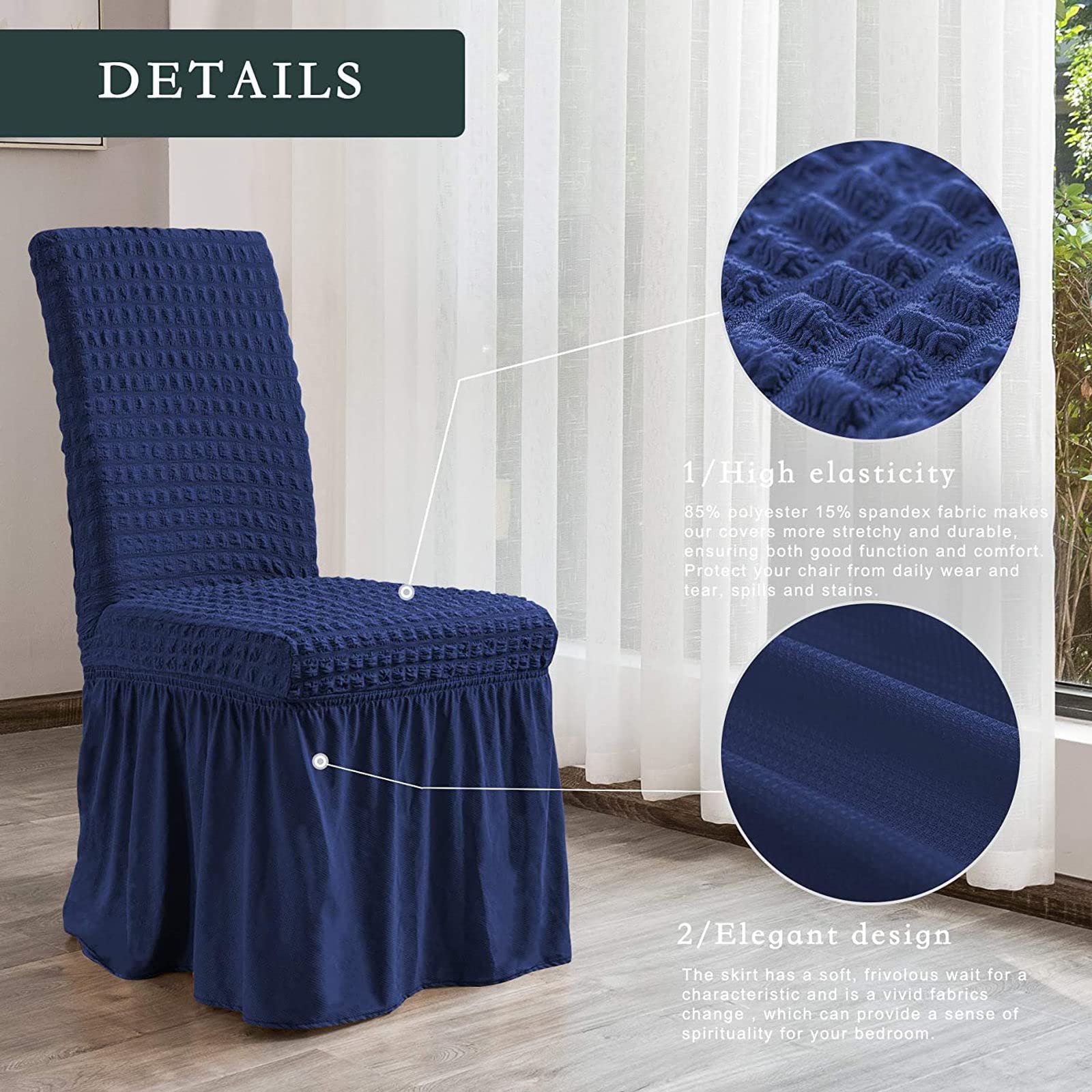 Stretch Dining Chair Covers Set of 6 - Elastic Seersucker Slipcovers with Skirt for Home, Party, Hotel & Wedding - Navy Blue (4-Pack) - Perfect for Dining Room, Banquet, and Special Events