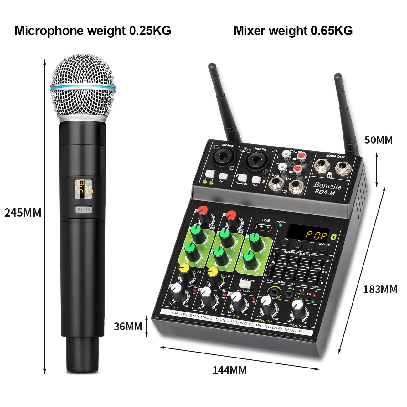 BO4-M Portable Karaoke Microphone Mixer System Set - 4 Channel Audio Mixer with Dual Wireless Mics, Bluetooth MP3 USB Connectivity for Smart TV, PC, KTV - Perfect for Home Theater, Parties & Professional Singing Performances