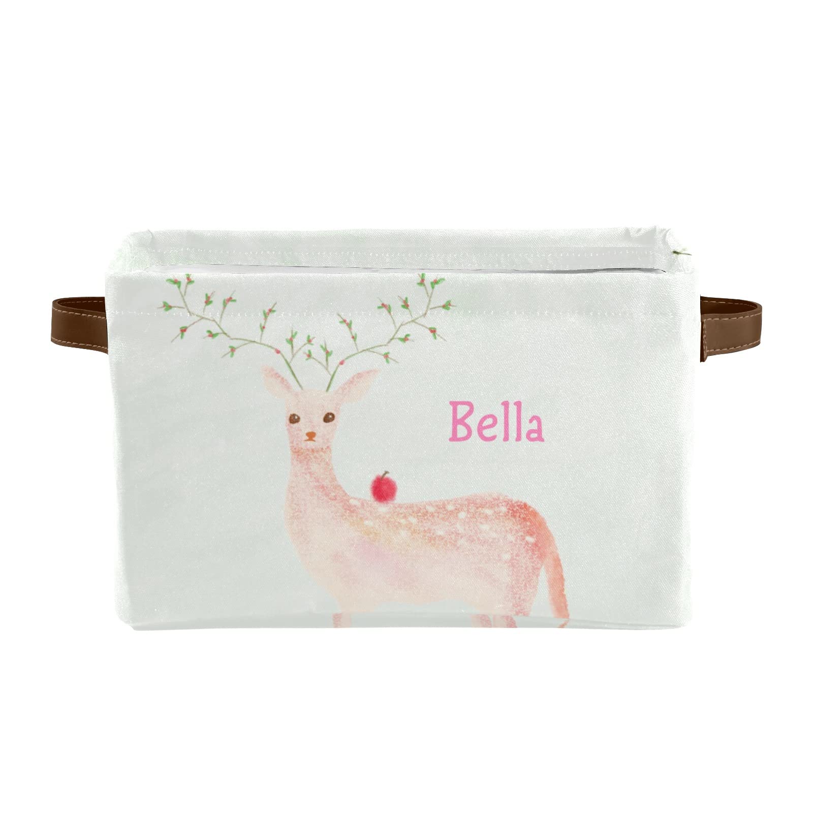 Personalized Deer Green Leaf Storage Basket with Name - 4 Pack Rectangular Home & Kitchen Organizer Bins for Toys, Blankets, Laundry, and Clutter Control