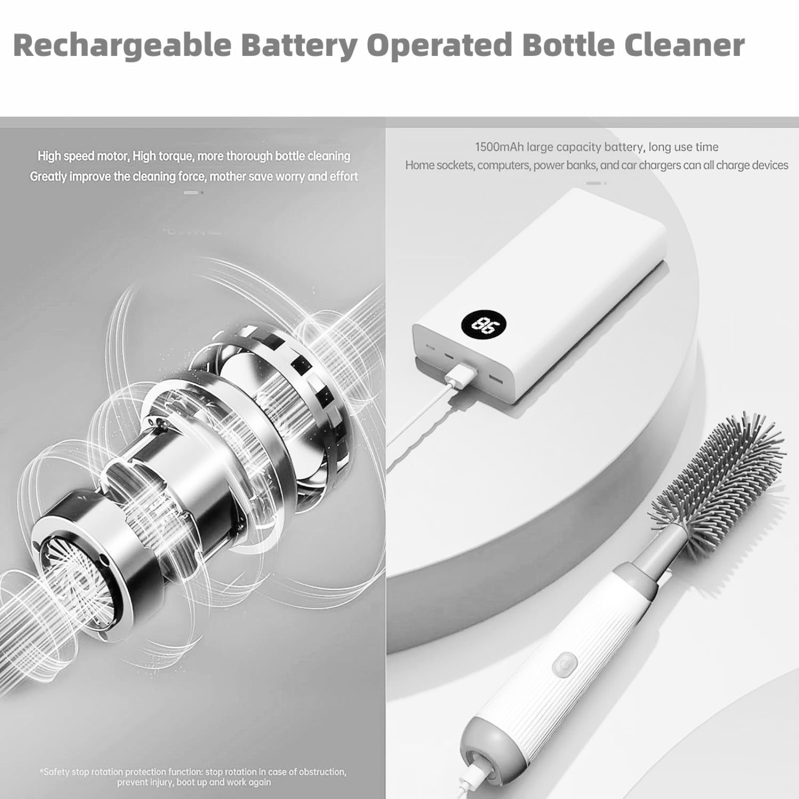 Electric Bottle Brush Set - 3 Replaceable Silicone Baby Bottle Brushes with Extension Handle | Waterproof & Durable | Perfect for Baby Bottles, Sippy Cups & Water Bottles | Essential Cleaning Tool for Nurseries & Kitchens (Grey)