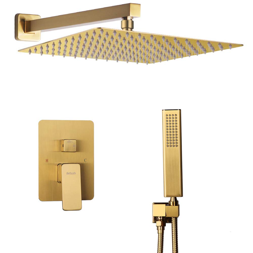 Brushed Gold Shower System - 12 Inch Rain Shower Head & Handheld Shower Combo with Pressure Balance Valve - Luxury Bathroom Faucet Set for Spa-Like Experience - Perfect for Master Bathroom Remodel or Modern Home Upgrade