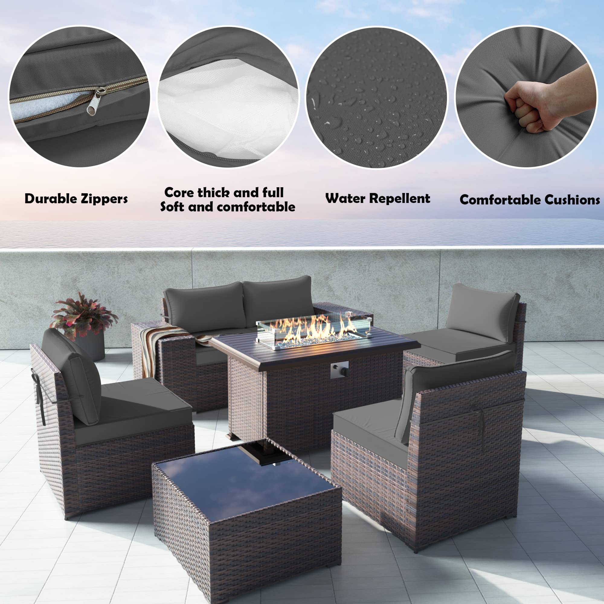 Gotland 7-Piece Outdoor Patio Furniture Set with 43-inch Gas Fire Pit Table - 55,000 BTU Auto-Ignition Sectional Sofa Set with Glass Wind Guard - Perfect for Backyard, Garden, and Poolside Relaxation