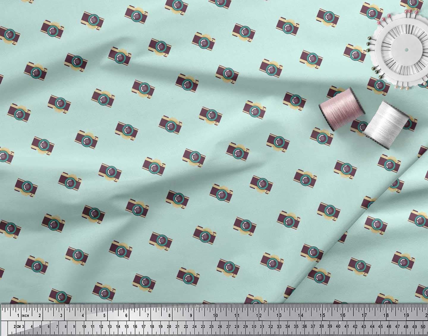 Soimoi Rayon Green Fabric by The Yard - 42 Inch Wide Camera Print Shirting Material - Travel-Themed Photography Fabric for DIY Apparel, Quilting & Home Decor Projects - Perfect for Shirts, Dresses & Crafting