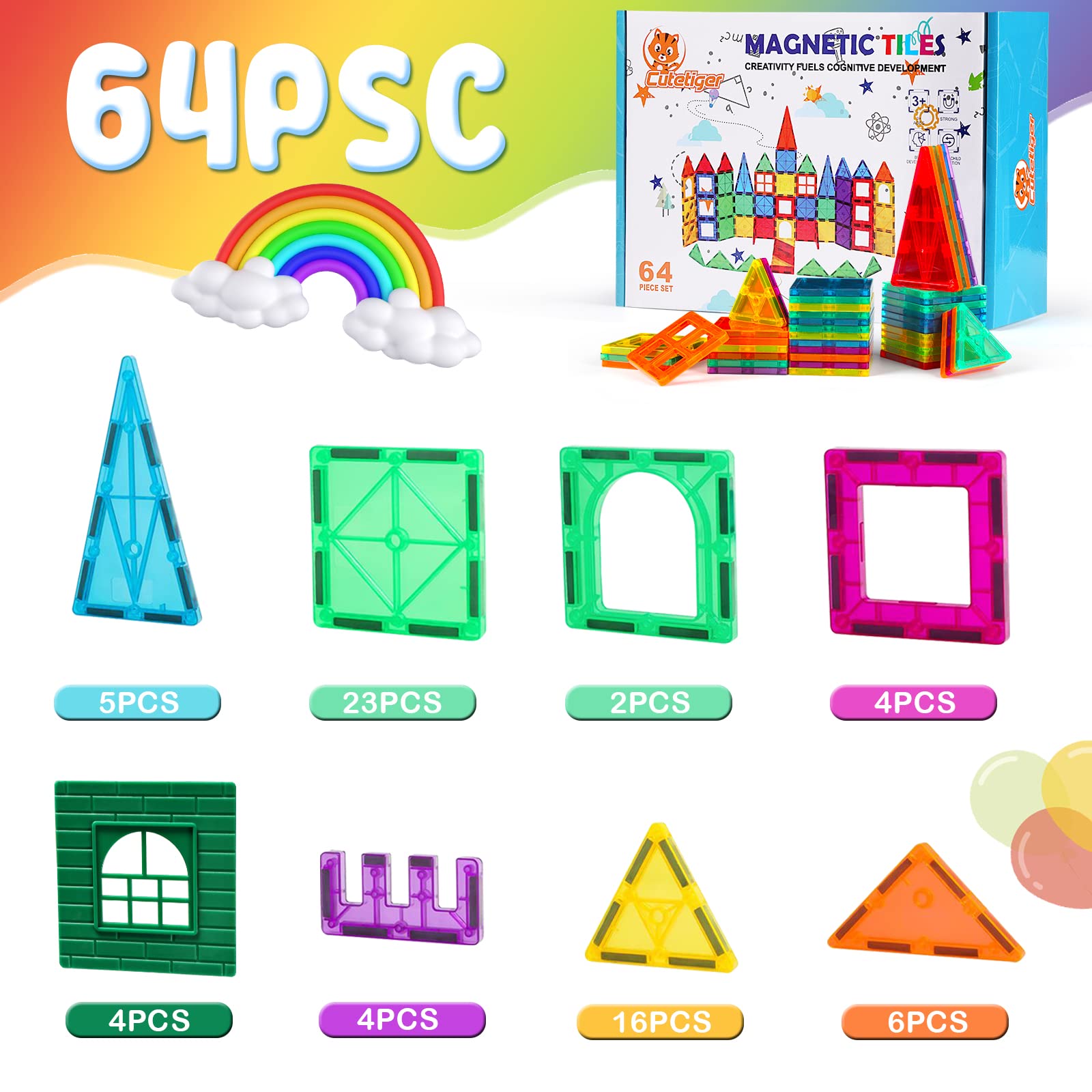 64PCS Magnetic Building Tiles Set - STEM Educational Toys for Kids | Creative Stacking Blocks for Boys & Girls | Perfect for Classroom, Playroom & Birthday Gifts