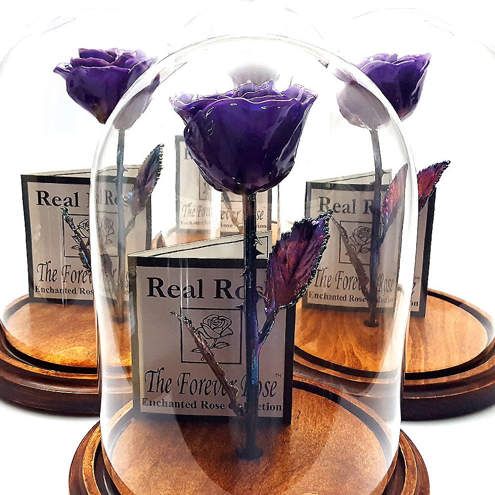 Forever Rose Enchanted Purple Preserved Rose in Glass Dome - Hand-Dipped Lacquer Rose with Copper Stem | Beauty and The Beast Inspired Flower | Romantic Gift for Women, Men, Anniversaries & Valentine's Day | Home Decor, Wedding Centerpiece & Luxury Gift Idea