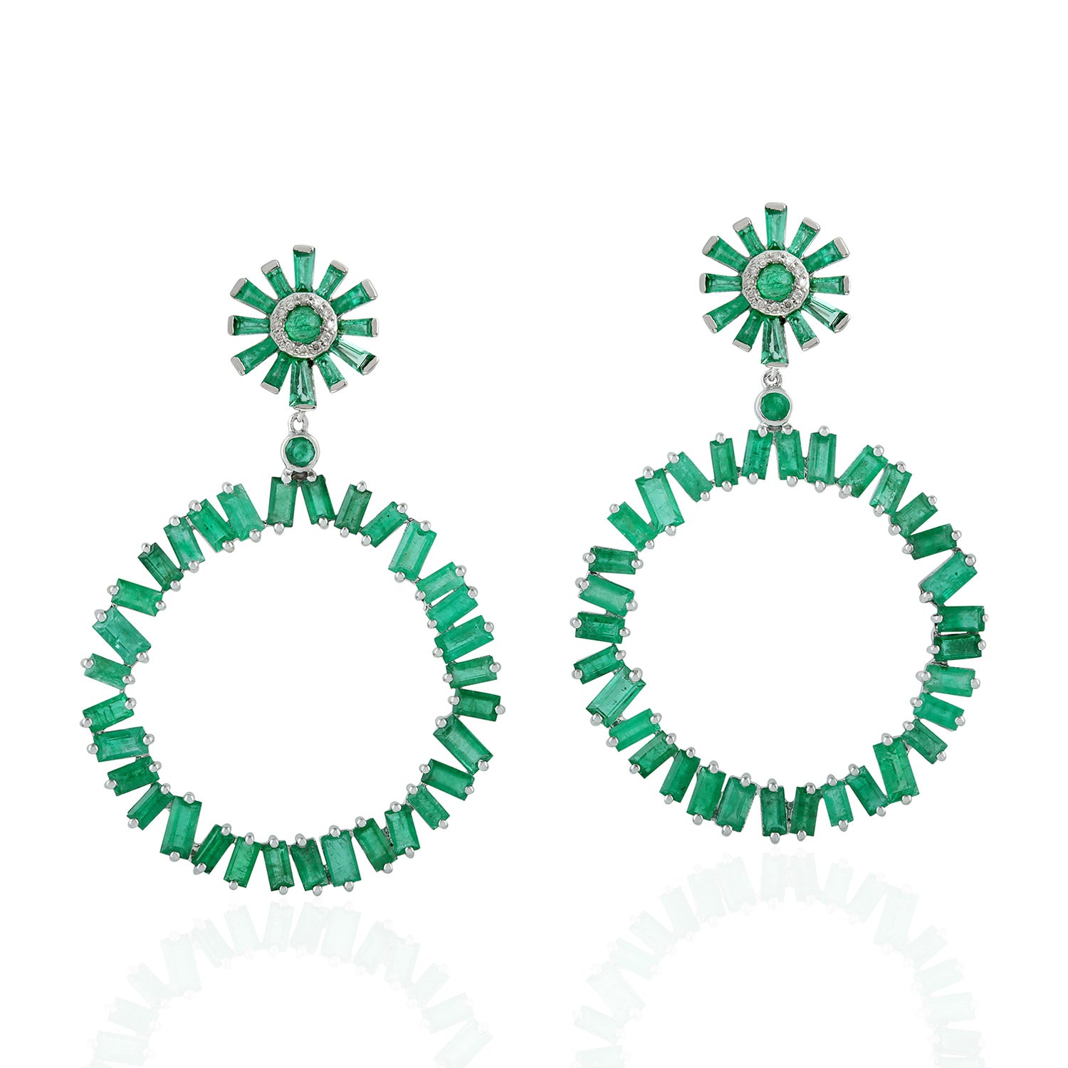18K White Gold Baguette Emerald Pave Diamond Hoop Earrings – Elegant Dangle Earrings for Women, Perfect for Weddings, Parties & Special Occasions