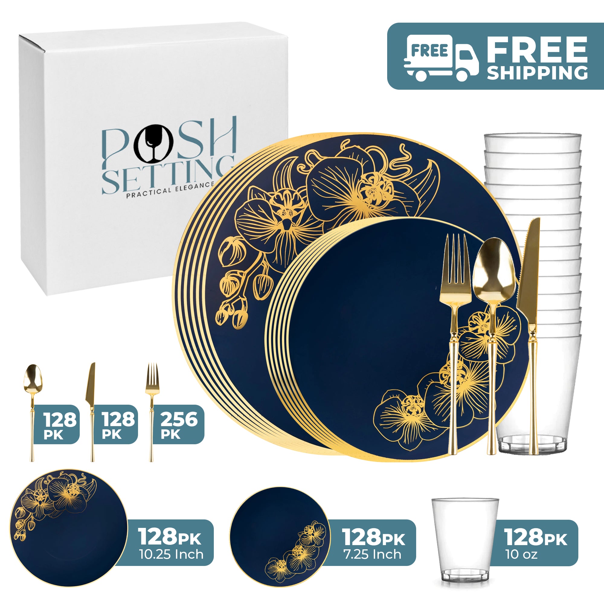 Royal Blue and Gold Plastic Party Bundle with Orchid - Elegant Party Decorations for Weddings, Birthdays & Special Events