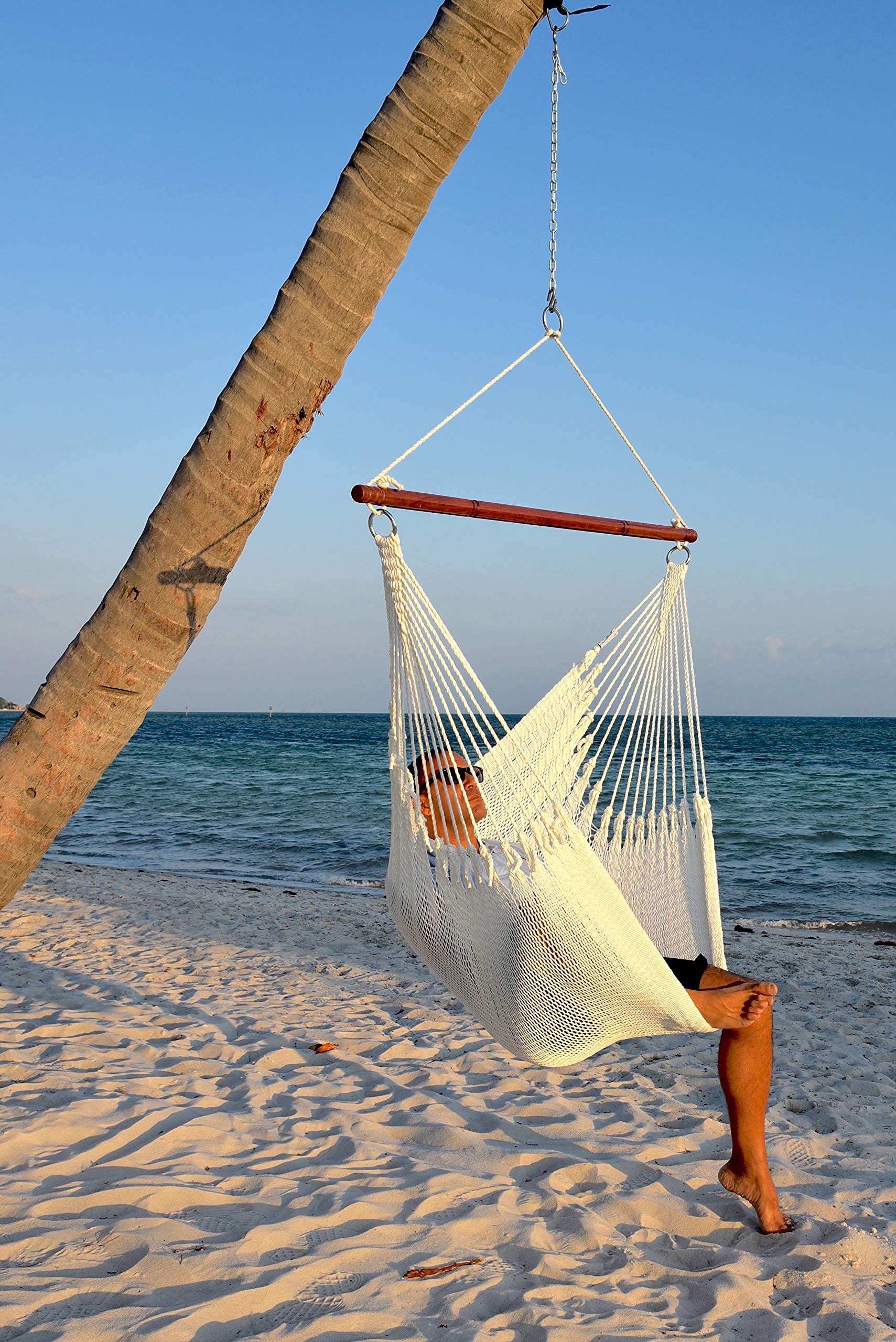 Jumbo Caribbean Hammock Chair with Footrest - 55 Inch Oversized Hanging Swing Seat - Soft-Spun Polyester Fabric - White Outdoor Relaxation Chair for Patio, Garden & Backyard