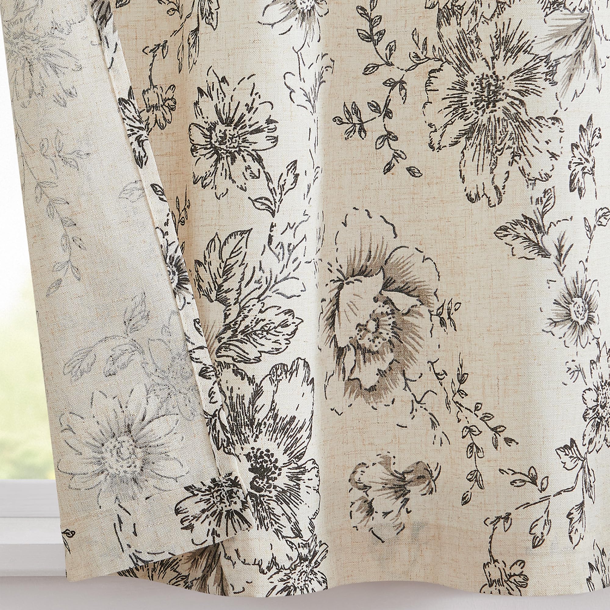 Jinchan Floral Kitchen Curtains Set - Linen Tier Curtains & Valance Farmhouse Drapes for Small Windows (36 Inch Length) - Rod Pocket 3-Piece Set in Black on Beige - Perfect for Cafe, Living Room & Bathroom Decor