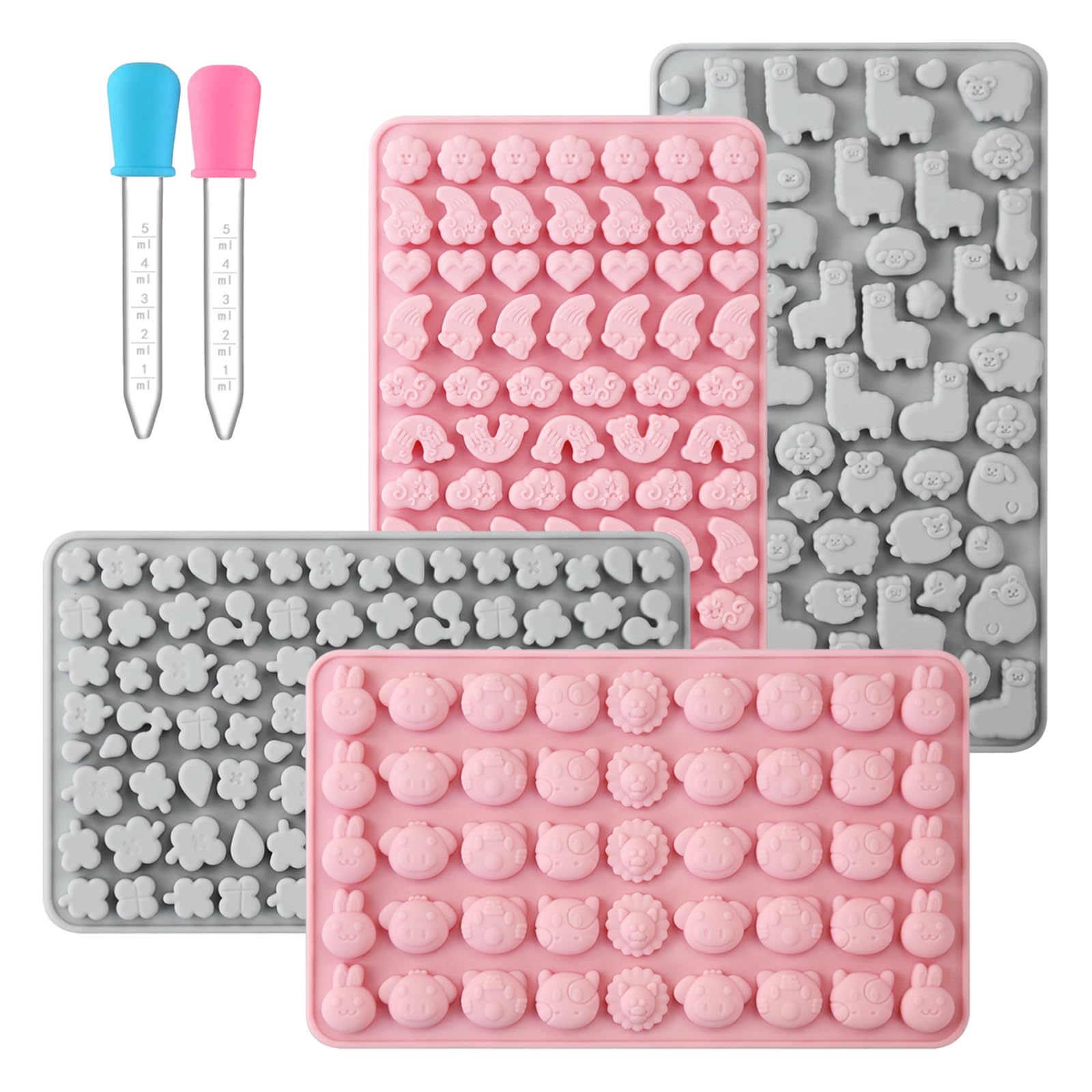 Premium Non-Stick Silicone Candy Molds - 4 Pack with 2 Droppers for Gummy Bears, Chocolate & Gelatin (260 Designs: Alpaca, Clover, Animals, Rainbow & Cloud) - Perfect for DIY Candy Making, Birthday Parties & Baking Decorations