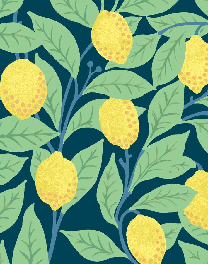 Lemons Wallpaper by Nathan Turner - Indigo Blue Floral Peel & Stick Wallpaper for Kitchen, Bathroom, and Home Decor
