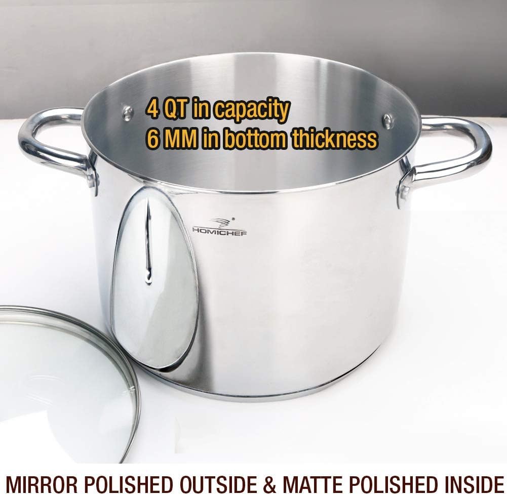 HOMICHEF 4 Quart Small Stock Pot - Nickel-Free Stainless Steel Saucepan with Glass Lid - Induction Compatible Soup Pot for Cooking, Boiling, Stewing - Perfect for Kitchens, Camping & Meal Prep