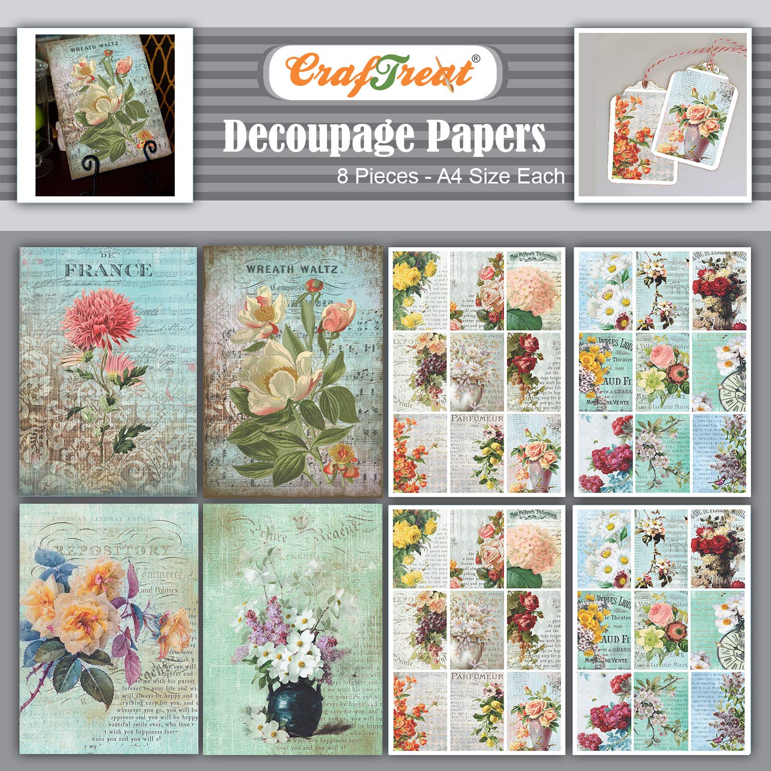 CrafTreat Floral Decoupage Paper for Crafts - 8 Pcs A4 Size (8.3